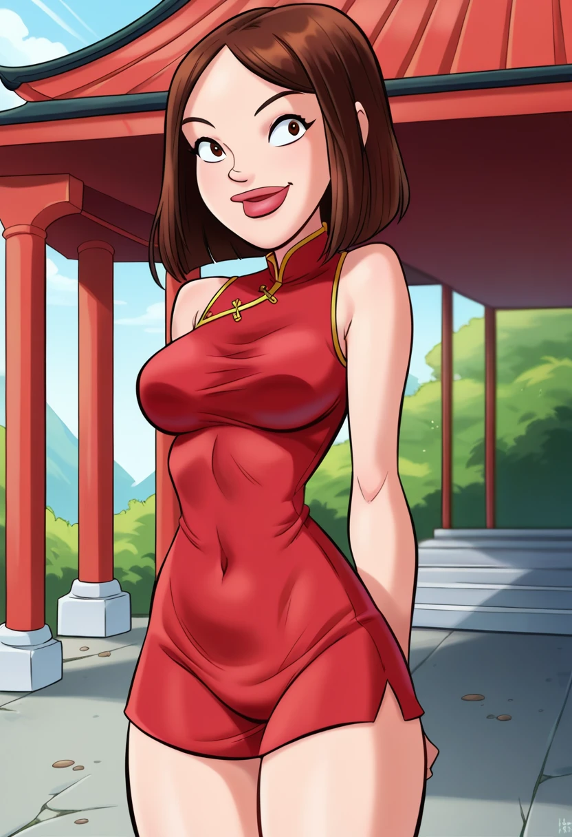 score_9, score_8_up, score_7_up, score_6_up, score_5_up,score_4_up BREAK retro artstyle,kimberly, 1girl, solo, cowboy shot,brown hair, bob cut, brown eyes, smile, red china dress,short dress, outdoors, east asian architecture,arms behind back, <lora:Kimberly_Renolds:1>