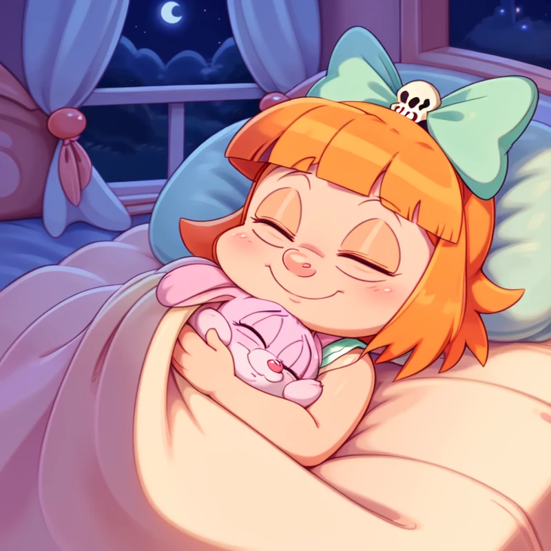 by Kyoto Animation, by Frumples, 
( <lora:Elmyra_duff:0.8>, Elmyra, human, cub, girl, eyes closed, pink body, green bow with a white skull on the head, orange hair,  lying on the bed, under the blanket, sleeping, children's room, night time),
detailed background, kemono, anime, toony, shaded, (high detail:1.3), absurd res