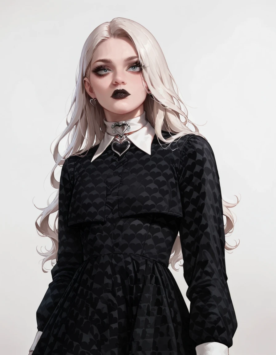 score_9, score_8_up, score_7_up, score_6_up, 1girl, long white hair, makeup, black lipstick, hud_gth_drss, black heart patterned dress, white collar, long sleeves, <lora:gothdressxlp-000008:0.8>