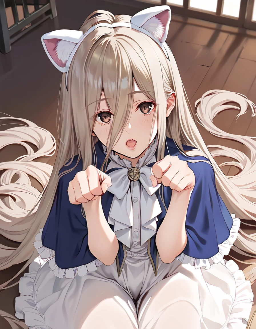 score_9, score_8_up,score_7_up,score_6_up,score_5_up,score_4_up , a girl is in a studio, paw pose, fake animal ears, open mouth,
<lora:redlight_style_xl_v1-000050:.9> <lora:sense_sousou no frieren_PONY_last:0.6> sense \(sousou no frieren\),brown eyes,very long hair,absurdly long hair,hair between eyes,eyes visible through hair, blue capelet,frilled dress,white long dress
