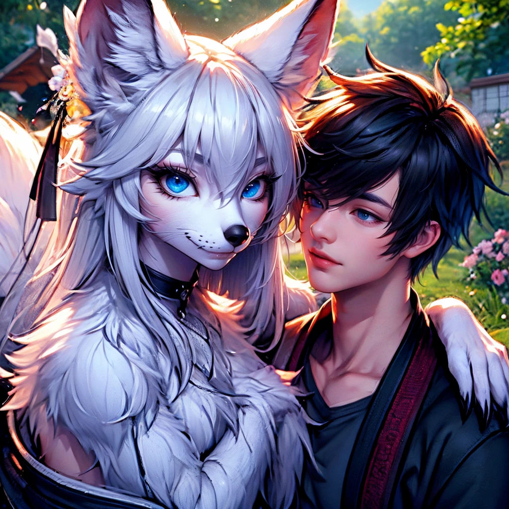 <lora:huzhilian-8:0.7>,super high resolution,best quality,Photos,4k,(Realistic:1.2),huzhilian,1boy,hug,fox girl,sit down,look to the lens,tail,