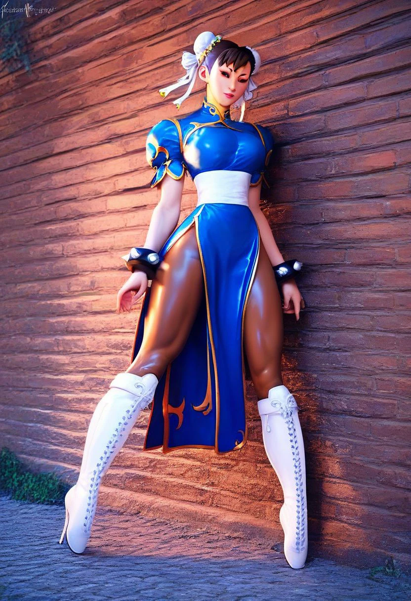 score_9, score_8_up, score_7_up,chun li, 1girl, sash, brown pantyhose, short hair, double bun, bun cover, blue dress, (white boots), knee boots, thick legs, full body, latex, balletboots, high heels,  <lora:balletboots:1>