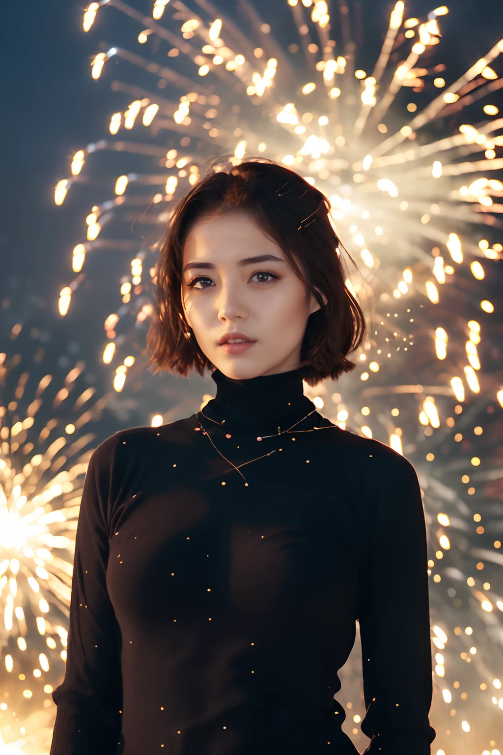 solo,1girl,dress,black hair,realistic,upper body,looking at viewer,elegant girl,(Vintage_turtleneck:1.4),fire,fireworks,night,<lora:disillusion · fireworks:1>,