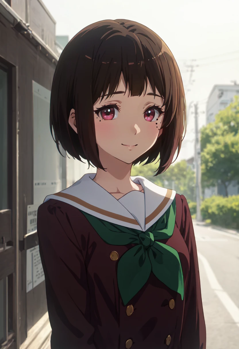 best quality, masterpiece, highres, solo, (nakaseko_kaori_soundeuphonium:1.10), 1girl, brown shirt, green neckerchief, kitauji high school uniform, serafuku, white sailor collar, blush, closed mouth, looking at viewer, smile, outdoors, blurry background, upper body, anime_style, 4 <lora:nakaseko_kaori_soundeuphonium:0.80>