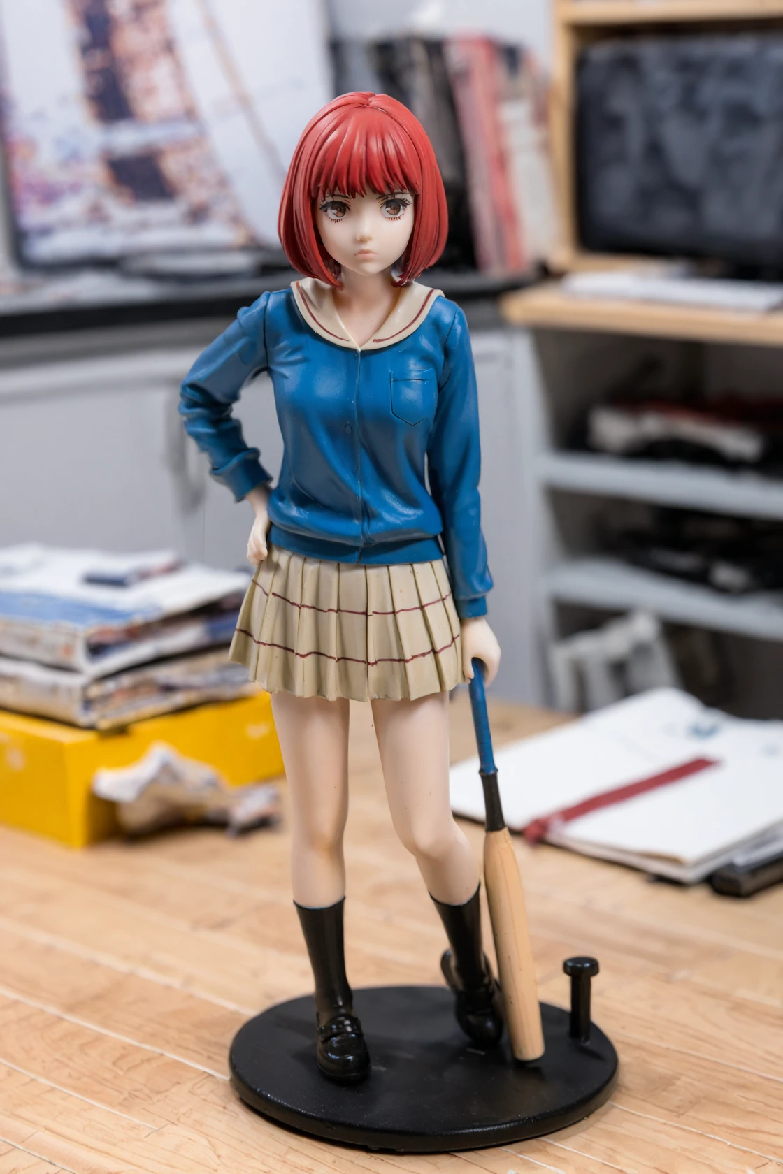 highly detailed figure,photo background,anime figure,surreal,mamimi_samejima,red hair,brown eyes,medium hair,bangs,lips,mamimi,solo,school uniform,standing,bored look,baseball bat support,looking_at_viewer,plastic stand,<lora:Mamimi_Samejima_2:1>,