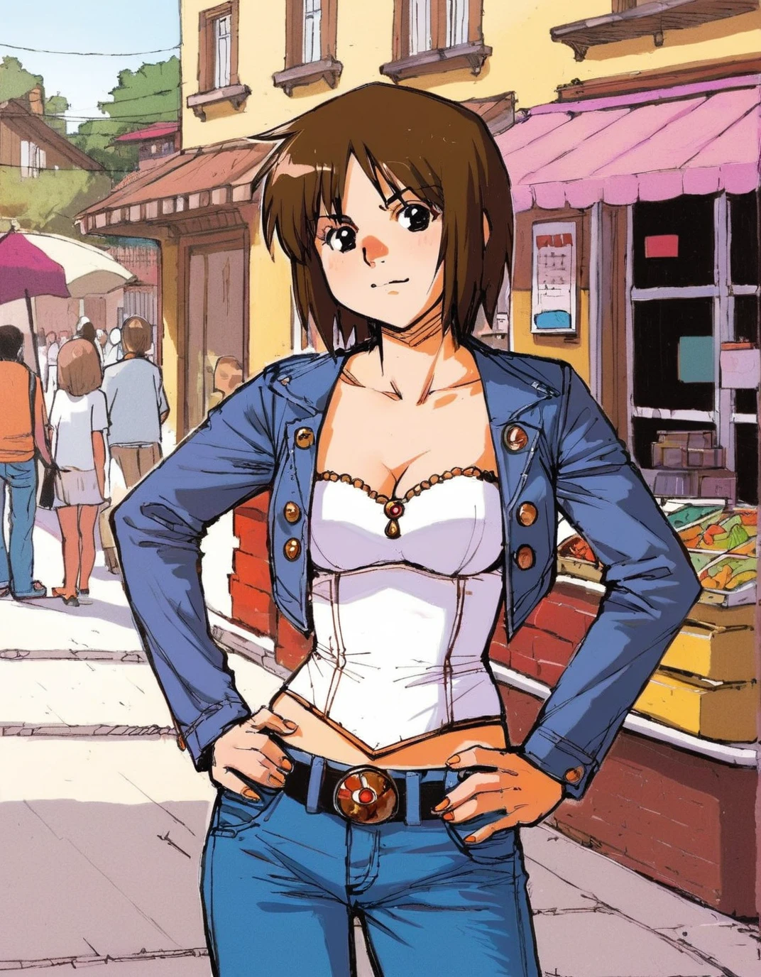 (art by maccha \(mochancc\)), 1girl, looking at viewer, cowboy shot, in a terrace, jeans, bustier, hands on hips
