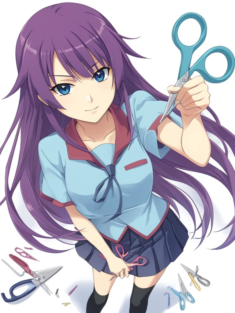 anime artwork <lora:Hitagi:1> 1girl, blue eyes,  cowboy shot, from above, hitagi, long hair, looking at viewer,  naoetsu high school uniform,  pleated skirt, purple hair, school uniform, scissors, shiny, shirt, solo, white background, zettai ryouiki . anime style, key visual, vibrant, studio anime,  highly detailed