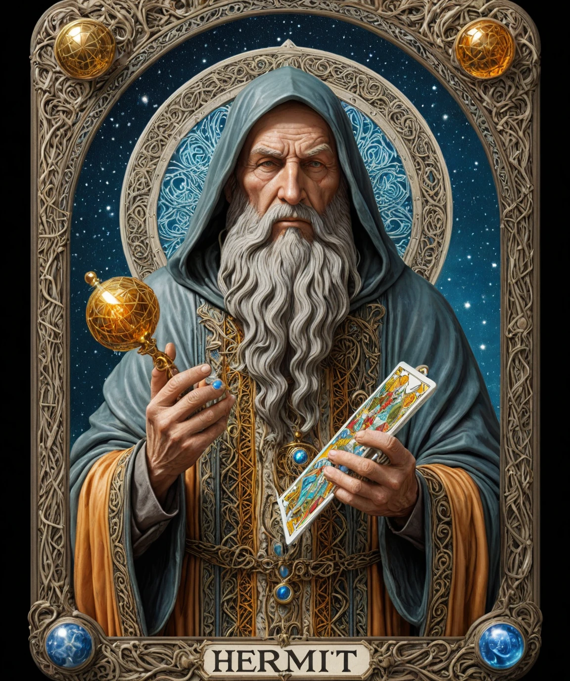masterpiece, best quality, 3d statue by daturahex, Ultra realistic, RTX, ray tracing, amazing quality, masterpiece, best quality, hyper detailed, ultra detailed, UHD, Tarot card "The Hermit" Pattern <lora:DaturaHex-000008:0.8>