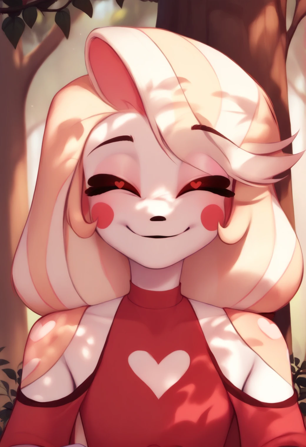 <lora:hazbin_hotel_ponyxl_v1:1>, charlie, white skin, bare shoulders, red eyes, heart print, solo, red dress, outdoors, tree shade, dappled sunlight, forest, day, sparkling eyes, smile, closed closed mouth,
BREAK
score_9, score_8_up, score_7_up, score_6_up, <lora:PersonalAmi_PonyXL_resize:1>