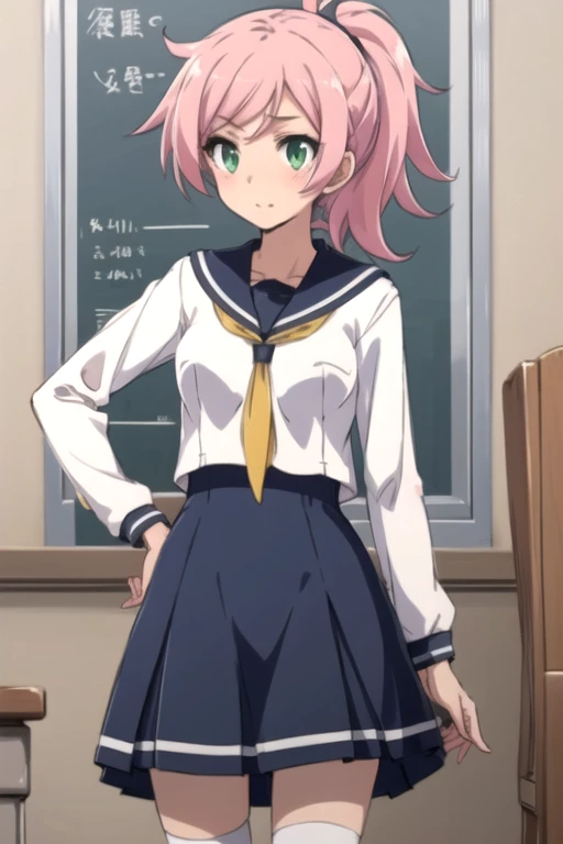 MisakiSakurada, 1girl, solo, skirt, school uniform, green eyes, ponytail, pink hair, serafuku, kneehighs, 