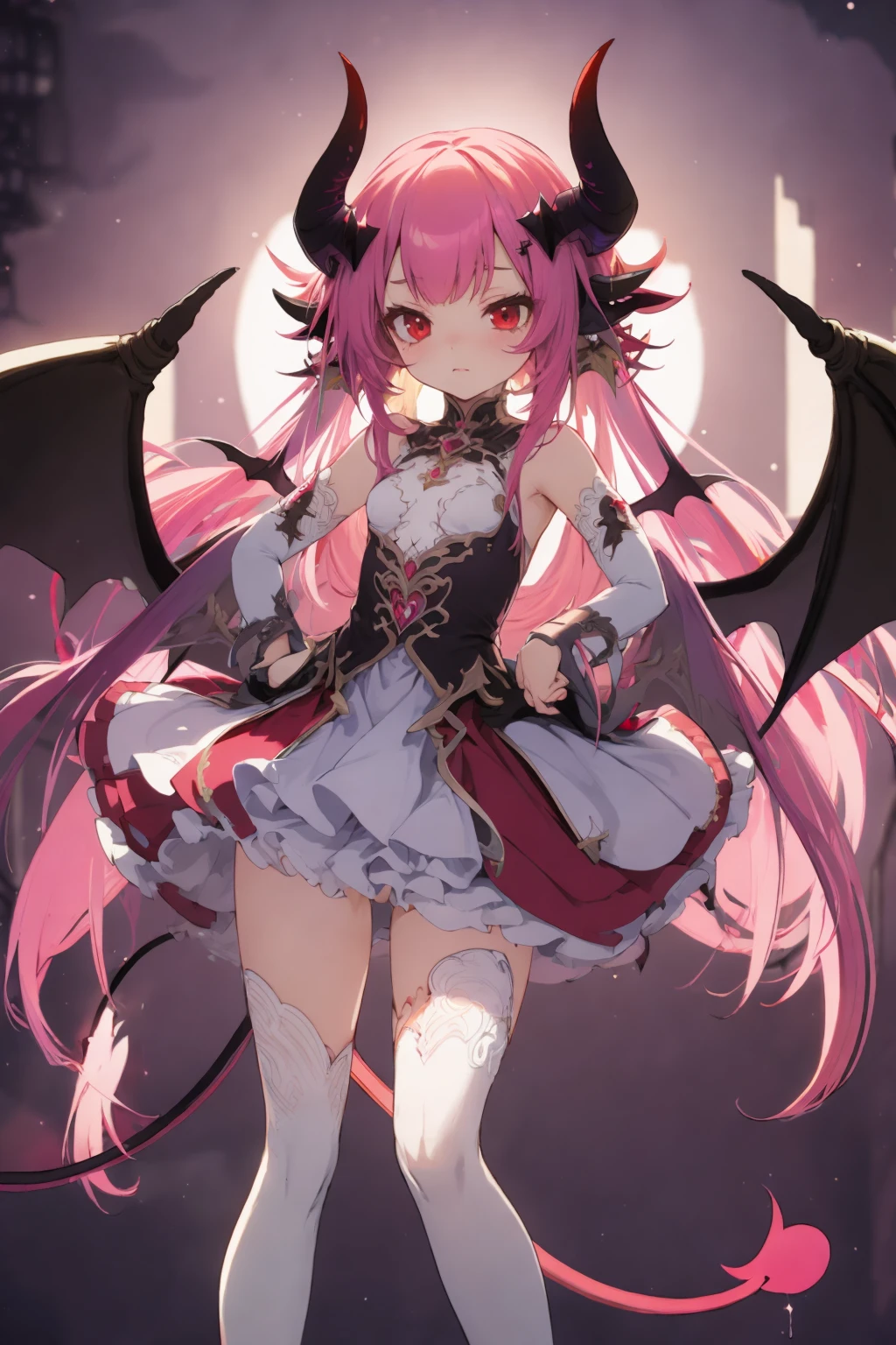 absurderes, hight resolution, (Anime style:1.1),
((masutepiece)), ((Best Quality)), (Ultra-detailed), ((Extremely detailed)), (Beautiful),full body Esbian、Crazy smile、
((Kawaii Girl)), (Lori:1.8), (独奏:1.5), Beautiful face, A pink-haired、Floating hair,Slender girl, (medium breasts:1.6)、1 vampire girl、(Black clothes with open chest:1.5)、low angles,Pants are visible、(Very large red moon and suspicious old castle on high quality background)、 Hair is stiff、deep in the night、(See more:1.5)、Mini skirt、Beautiful starry sky