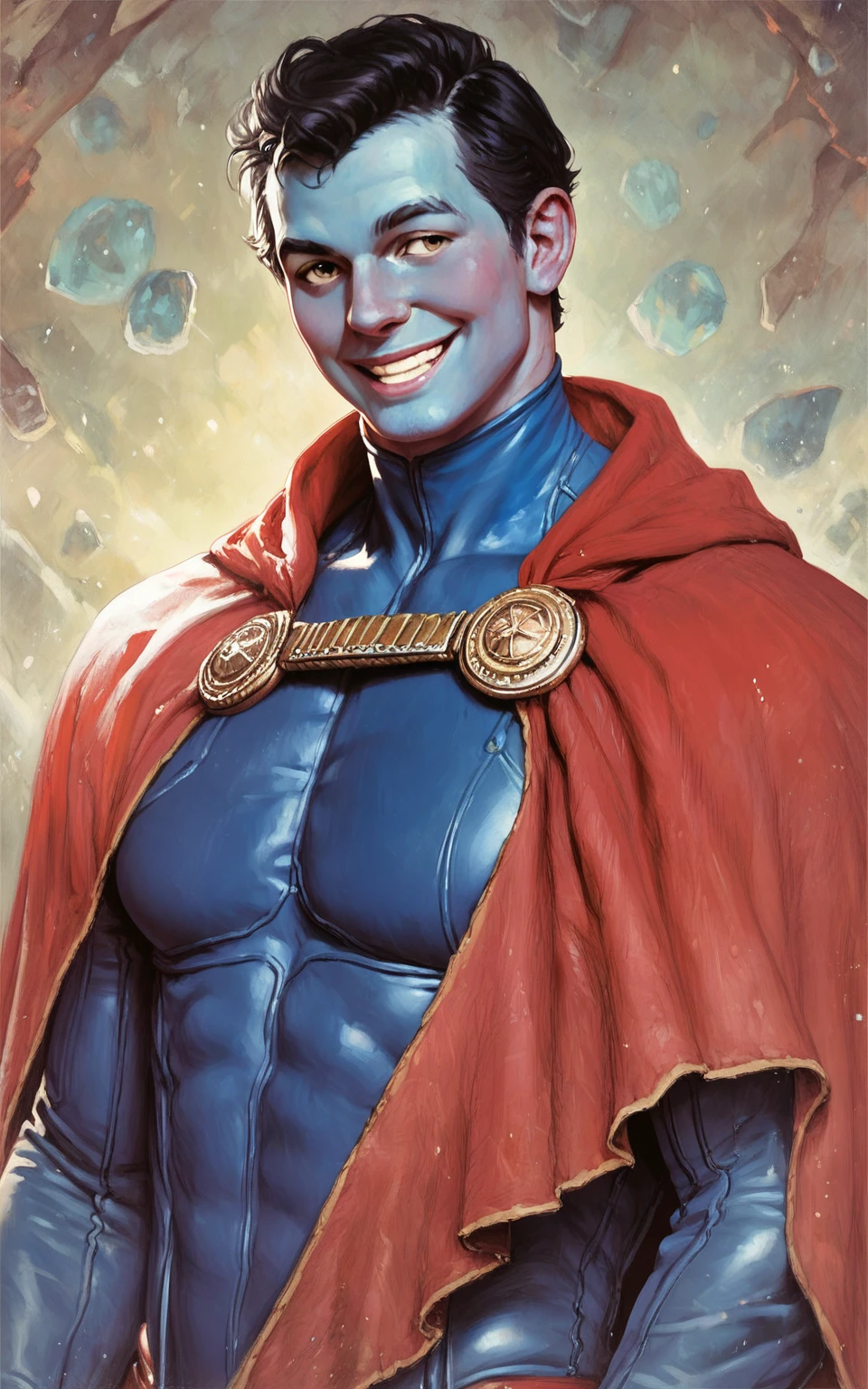 1boy, solo, norman rockwell style, Super Man (D.C.), black hair, smile, muscular, broad shoulders, detailed face, half body, red cape, blue body suit,

score_9, score_8_up, score_7_up, score_6_up, score_5_up, score_4_up, rating_safe,