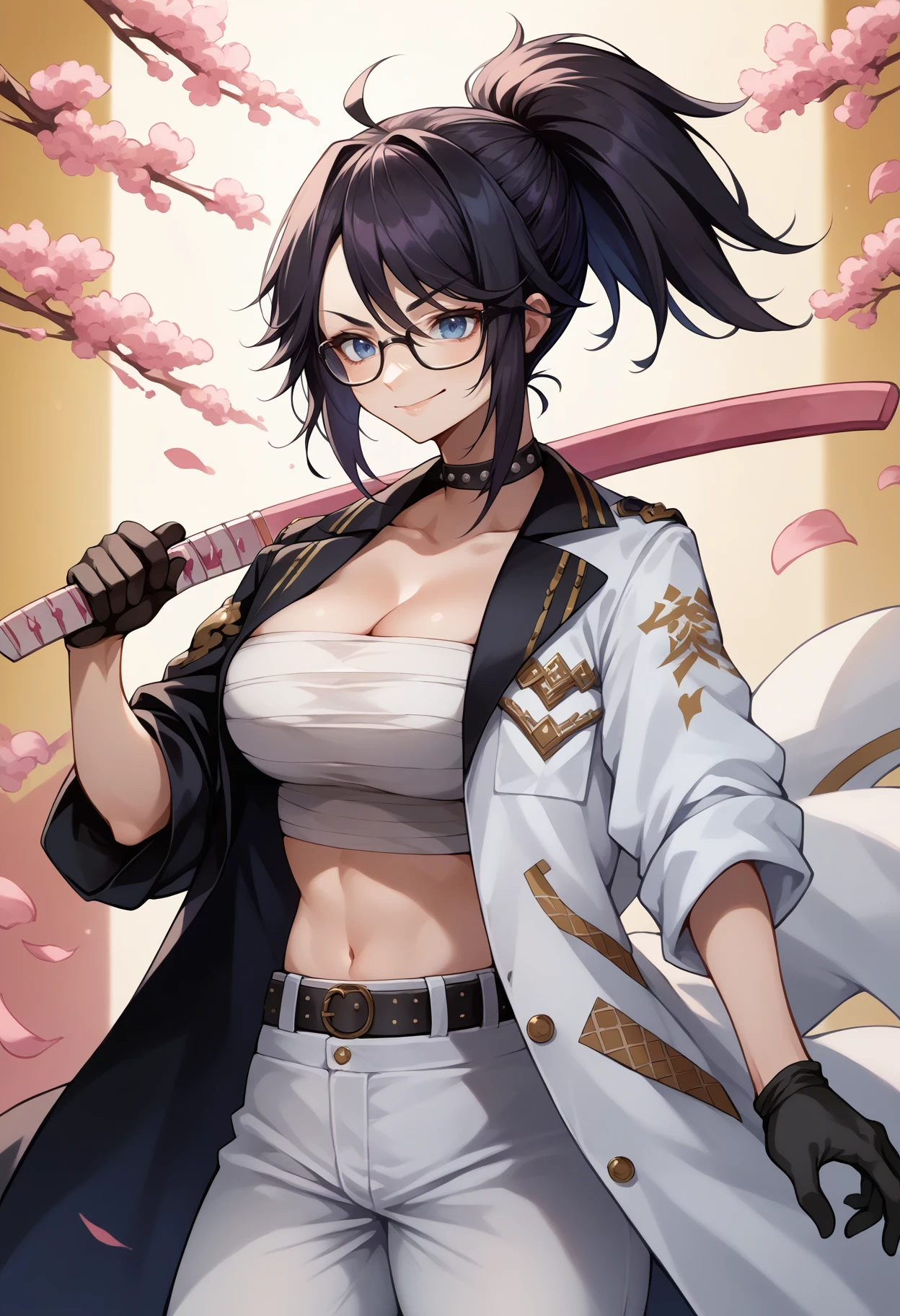 score_9, score_8_up, score_7_up, source_anime, KsonBase, black hair, blue eyes, ponytail, glasses, black choker, white chest sarashi, midriff, cleavage, belt, white pants, puffy pants, black gloves, two-tone coat, black coat, white coat, holding katana, katana over shoulder, smirk, <lora:ChamKsonPonyXL:1>