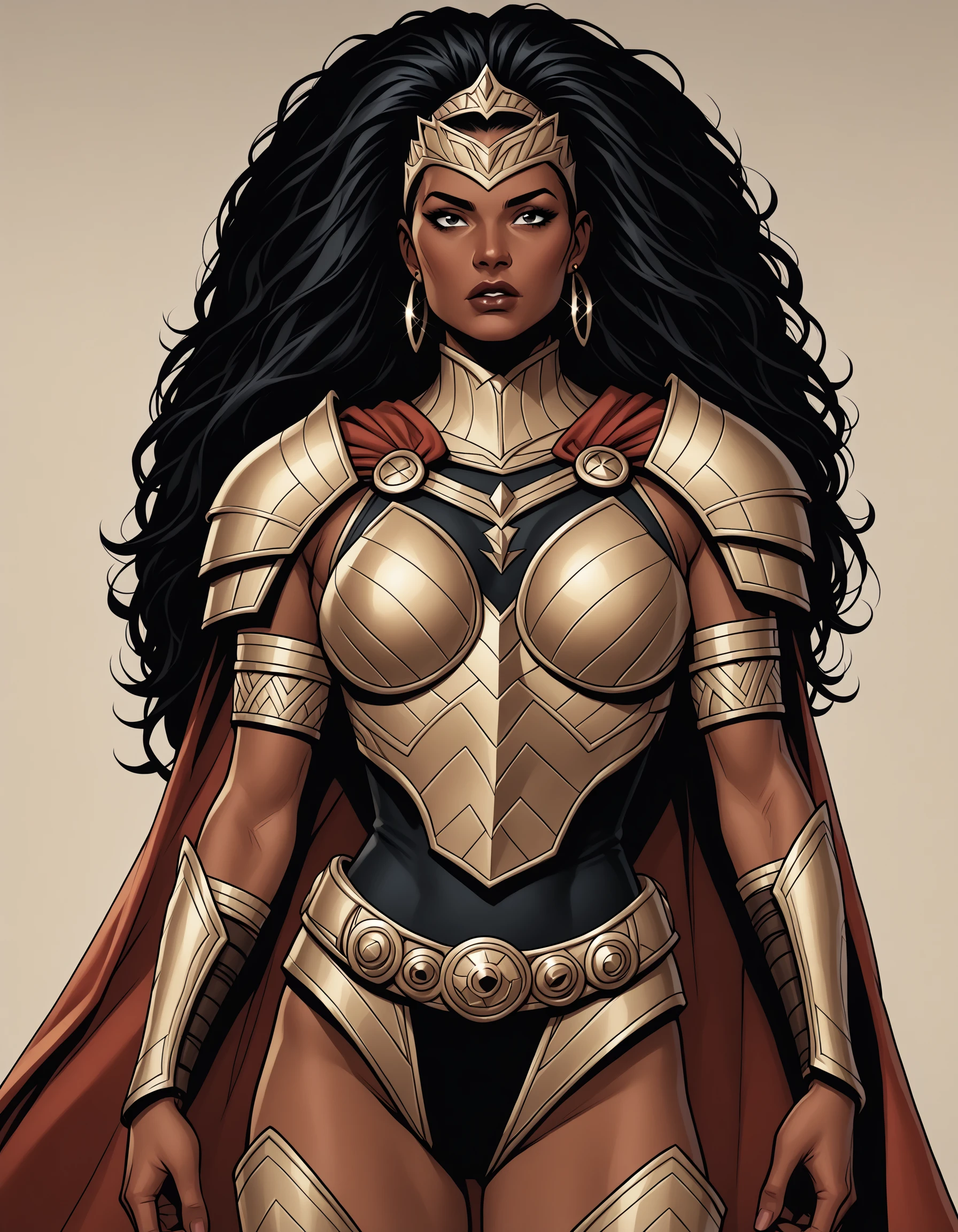 PonyXLV6_Scores , cmxbbespx, 1girl, solo, dark skin, dark-skinned female, jewelry, earrings, very dark skin, armor, black hair, breasts, cape, breastplate, long hair, belt, tiara, big hair, lips, armlet, leotard, PnyCmicXLPOS, <lora:ComixBabesPDXL:1>