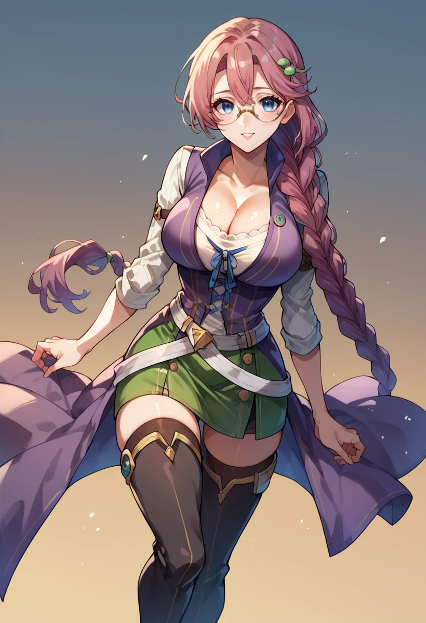 score_9, score_8_up, score_7_up, emmacs3, cleavage, crossed belts, green skirt, hair ornament, long sleeves, purple coat, sleeveless long coat, white belt, white shirt, <lora:emma-rebake3:0.9>, cleavage, large breasts, blue eyes, long hair, glasses, braided ponytail, thigh highs, thigh boots, high heel boots