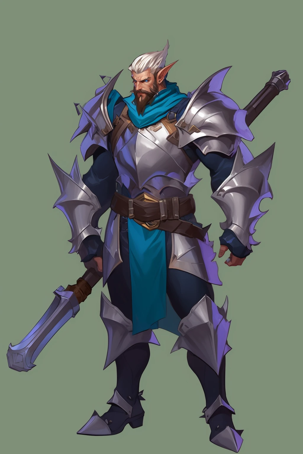 （Best image quality，超高分辨率，最好质量，ultraclear，Works of masters，）White background, League of Legends character, Full body portrait, Three views of the game's original art, frontage, on  back，Lateral face， Elegant and noble man with long hair, Tall figure, Eight-pack abs, With a smile, Smooth face, holding shield, Purple and blue armor