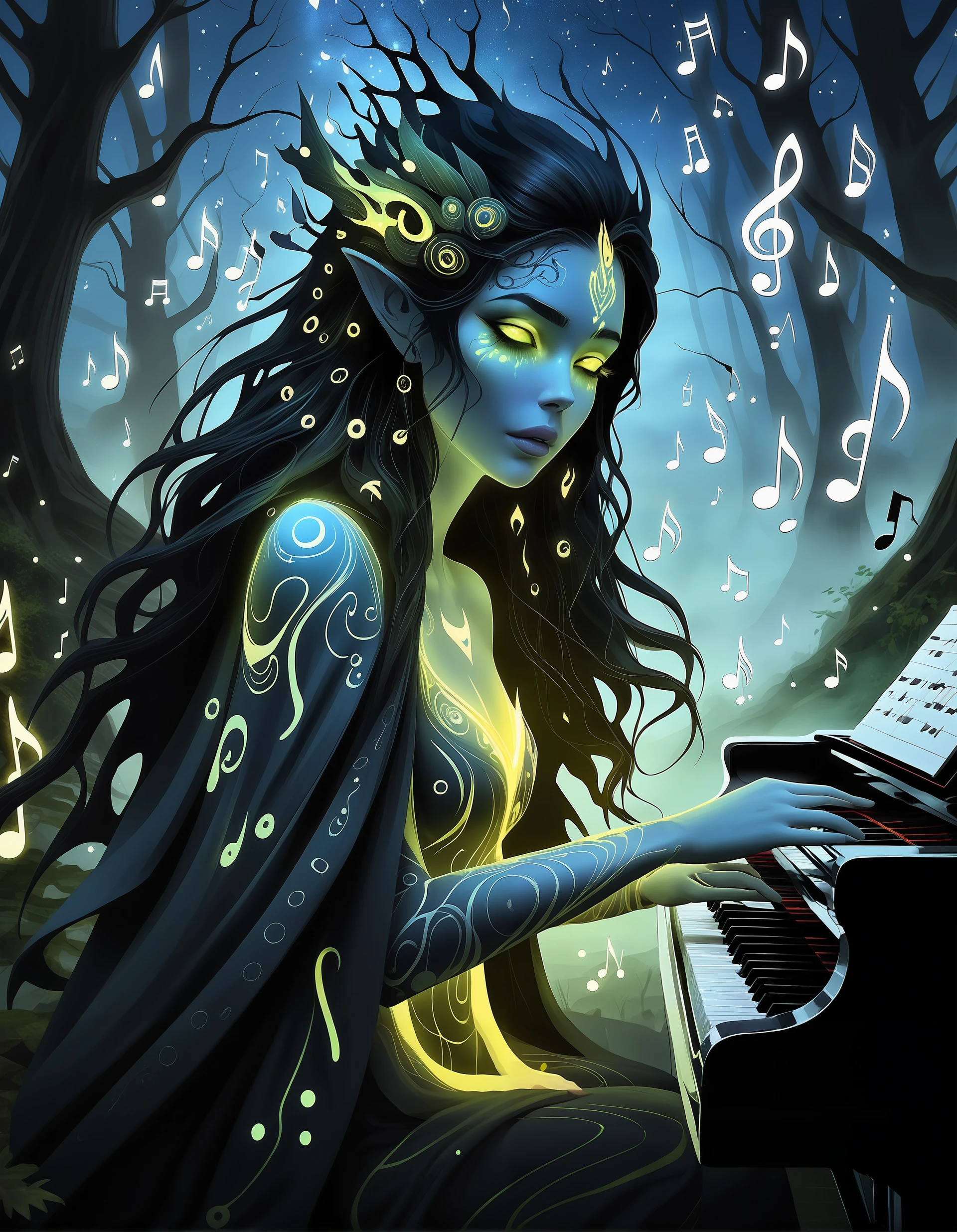 an elfven magician woman (skin covered glowing music runes:1.5), she casting music spell in a mysterious dark forest, piano, dark long wavy hair, yellow eyes, dark starry sky