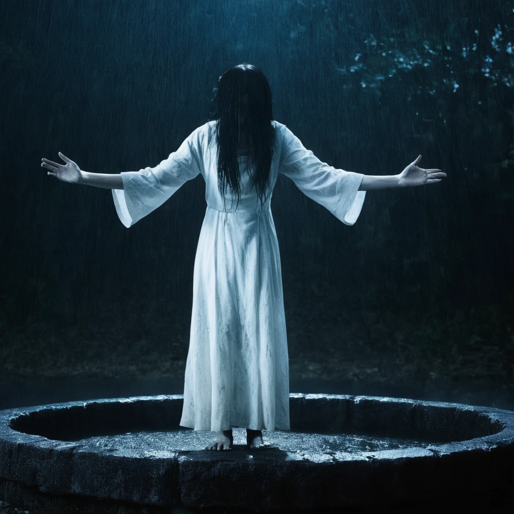 cinematic film still of  <lora:Kayako Saeki Sadako Yamamura:1>
Sadako Yamamura a ghostly woman with her hair covering her face in a white dress standing in the rain behind a pit well with her arms raised up,solo,1other,blue theme,dark,tombstone , pale skin, supernatural, horror film, Japanese, extreme rage, sorrow, cinematic, film, movie, movie still, Ju-On The Grudge movie style, shallow depth of field, vignette, highly detailed, high budget, bokeh, cinemascope, moody, epic, gorgeous, film grain, grainy