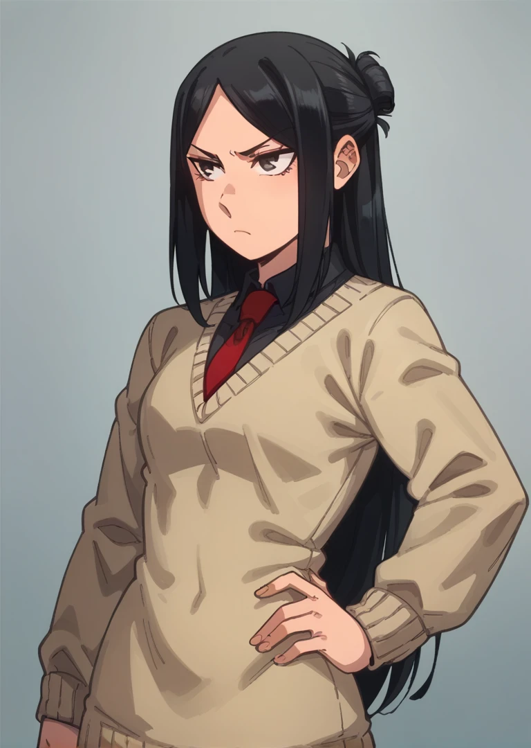 score_9, score_8_up, score_7_up, 1girl, Lucy Webster, black hair, half updo, parted bangs, long hair, black eyes, frown, hand on hip, school uniform, sweater, black shirt, red necktie, 