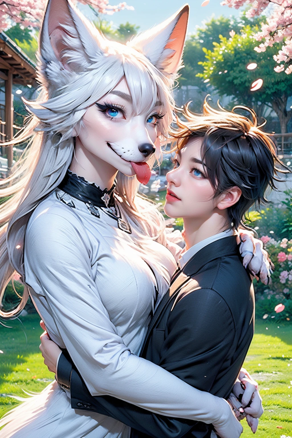 <lora:huzhilian-8:0.7>,super high resolution,best quality,Photos,4k,(Realistic:1.2),huzhilian,1boy,1girl,tongue,blue eyes,black hair,tongue out,flower,necktie,blush,white hair,outdoors,animal ears,hair between eyes,shirt,cherry blossoms,looking at another,white fur,short hair,petals,tree,grass,hair ornament,wolf ears,pink flower,bangs,black jacket,licking,spiked hair,closed mouth,furry female,jacket,day,collared shirt,long hair,