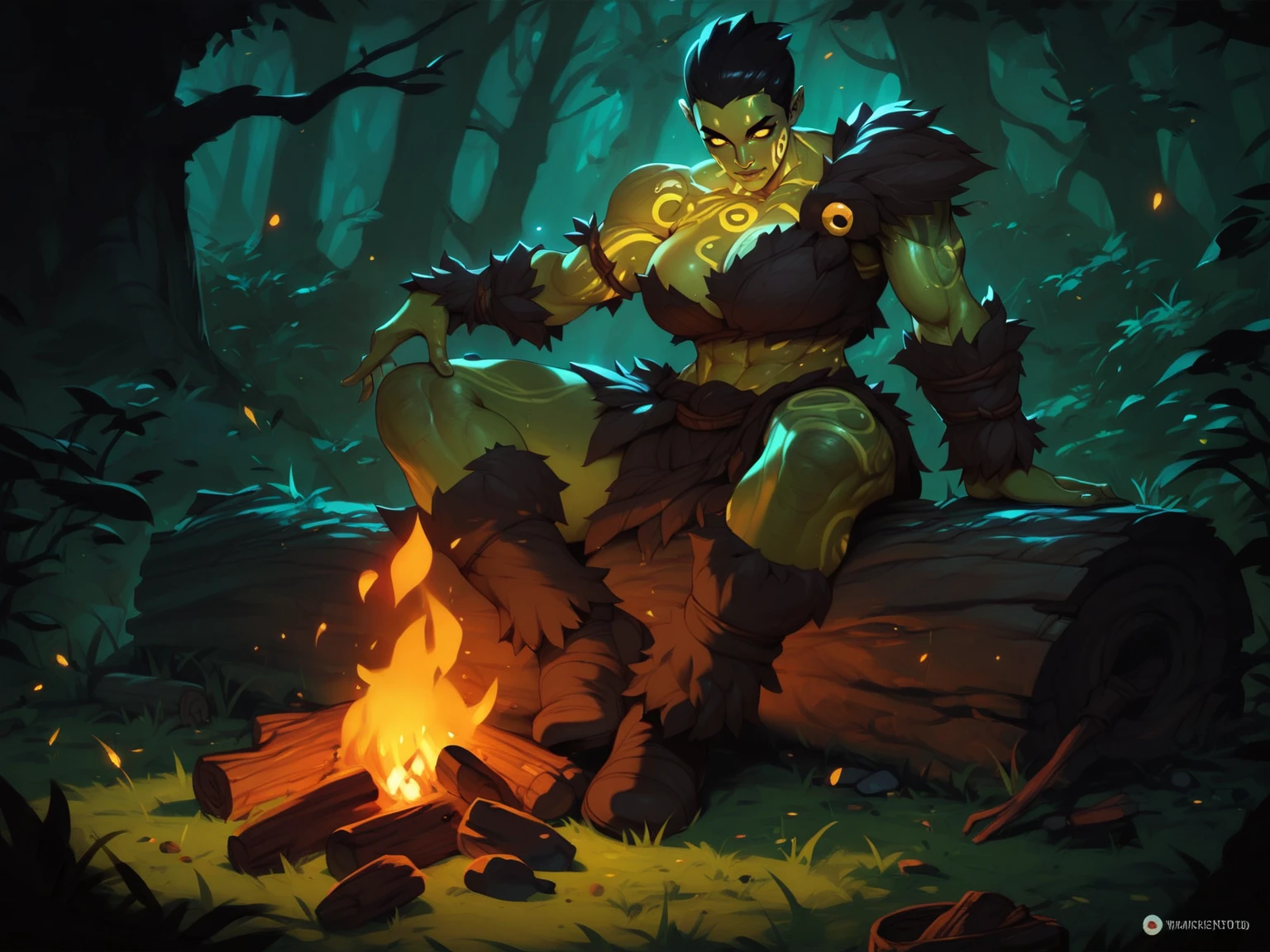 adult woman, warrior, large breasts, muscular body, tribal armor, green skin, yellow eyes, black hair, grass, sitting on a log, forest, campfire, deep woods backgrounds, <lora:LeagueOfLegends-000008:0.8>, score_9, score_8_up, score_7_up, score_6_up