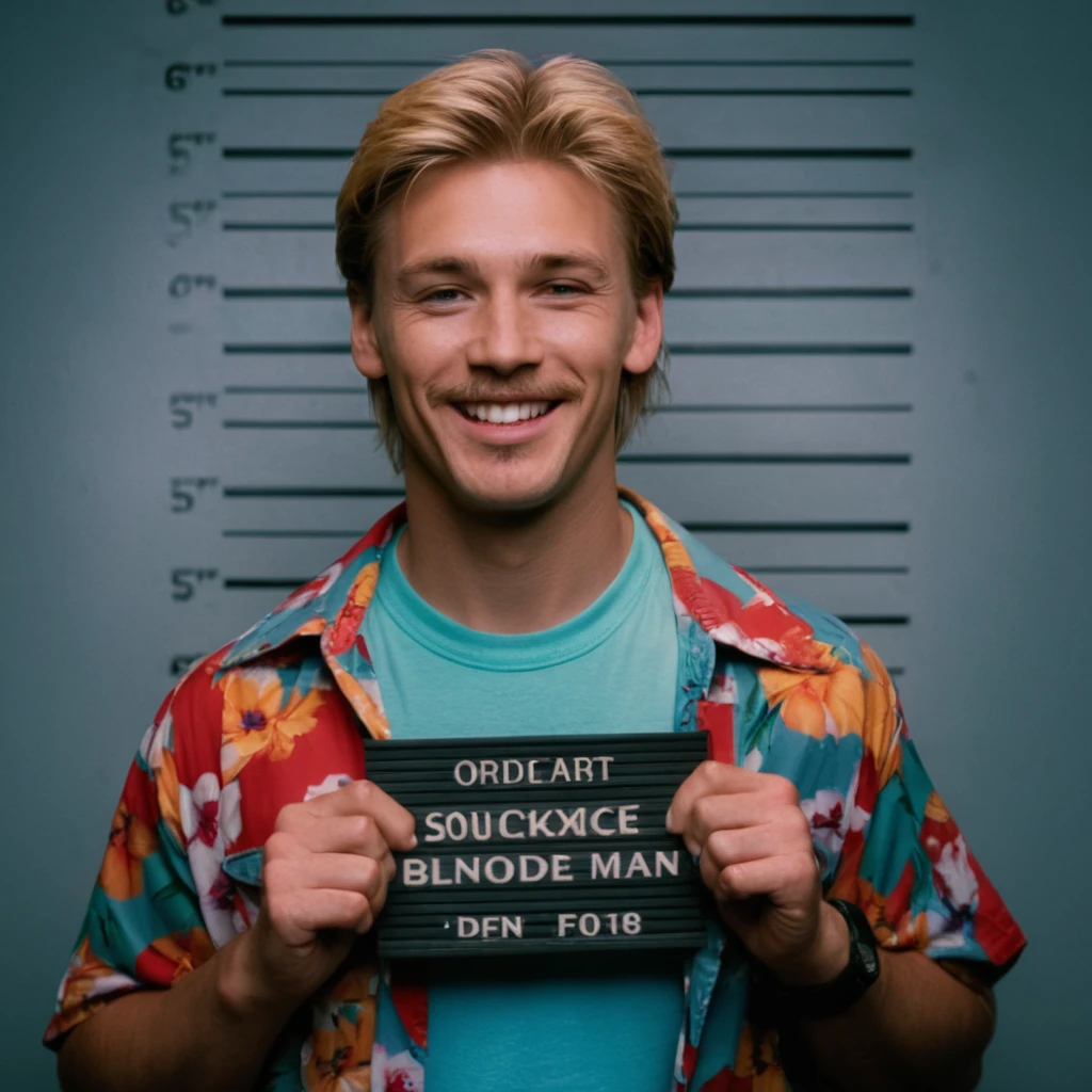 cinematic film still of  <lora:Mugshots style:1> (((mugshot  wall)))
A Mugshot photo of Ken a blondeman in a colorful shirt holding a sign behind a mugshot wall,solo,smile,open mouth,blonde hair,shirt,1boy,holding,closed eyes,upper body,male focus,teeth,english text,wristband,realistic,visor cap,old ,  mugshot style, shallow depth of field, vignette, highly detailed, high budget, bokeh, cinemascope, moody, epic, gorgeous, film grain, grainy