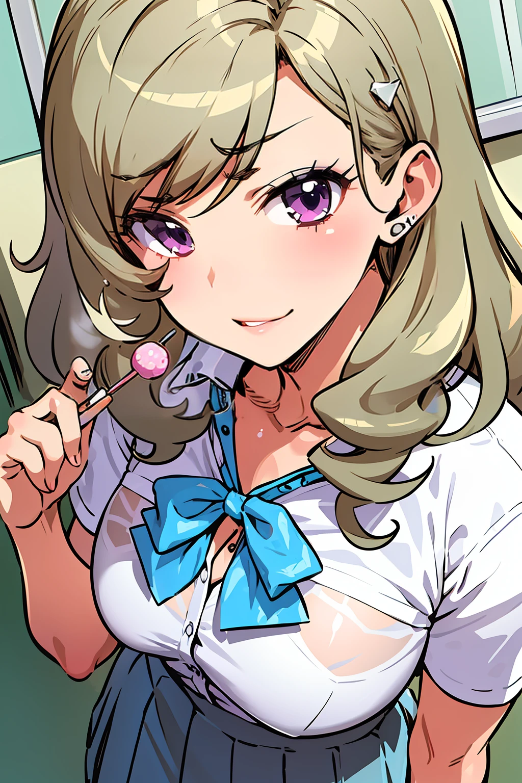 masterpiece, high quality, best quality, bitchko, purple eyes, kogal,  solo, school uniform, white shirt, gray skirt, scrunchie, <lora:Bitchko1:0.8>, portrait, novel illustration, holding lollipop, Standing with one arm up, close-up