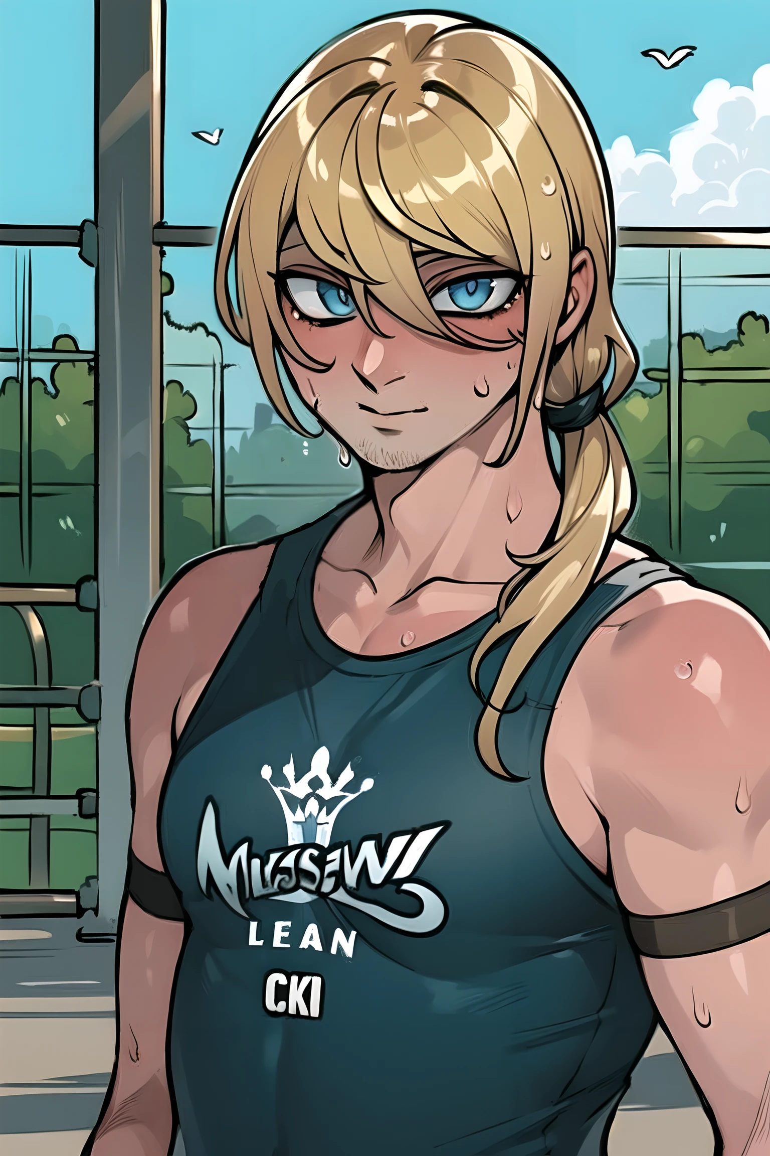 a photo of Law33n7j, masterpiece, (highly detailed eyes:1.2), best quality, 8k, 1boy, male focus, portrait, sports clothes, tank top, blue top, black armbands, (low ponytail:1.1), outdoor gym, print on tank top, skinny, sweat, <lora:010101Lawrence_Oleander:1>, <lora:low_ponytail-1.0:0.8>