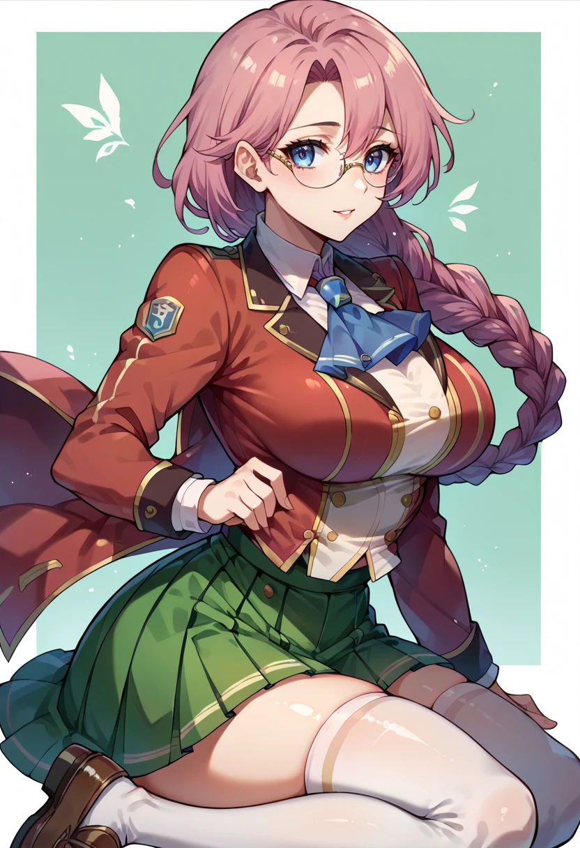 score_9, score_8_up, score_7_up, emmathors, ascot, blue eyes, braided ponytail, breasts, glasses, loafers, long hair, pink hair, pleated skirt, red jacket, single braid, thighhighs, white shirt, large breasts,  <lora:emma-rebake3:0.9>, green skirt