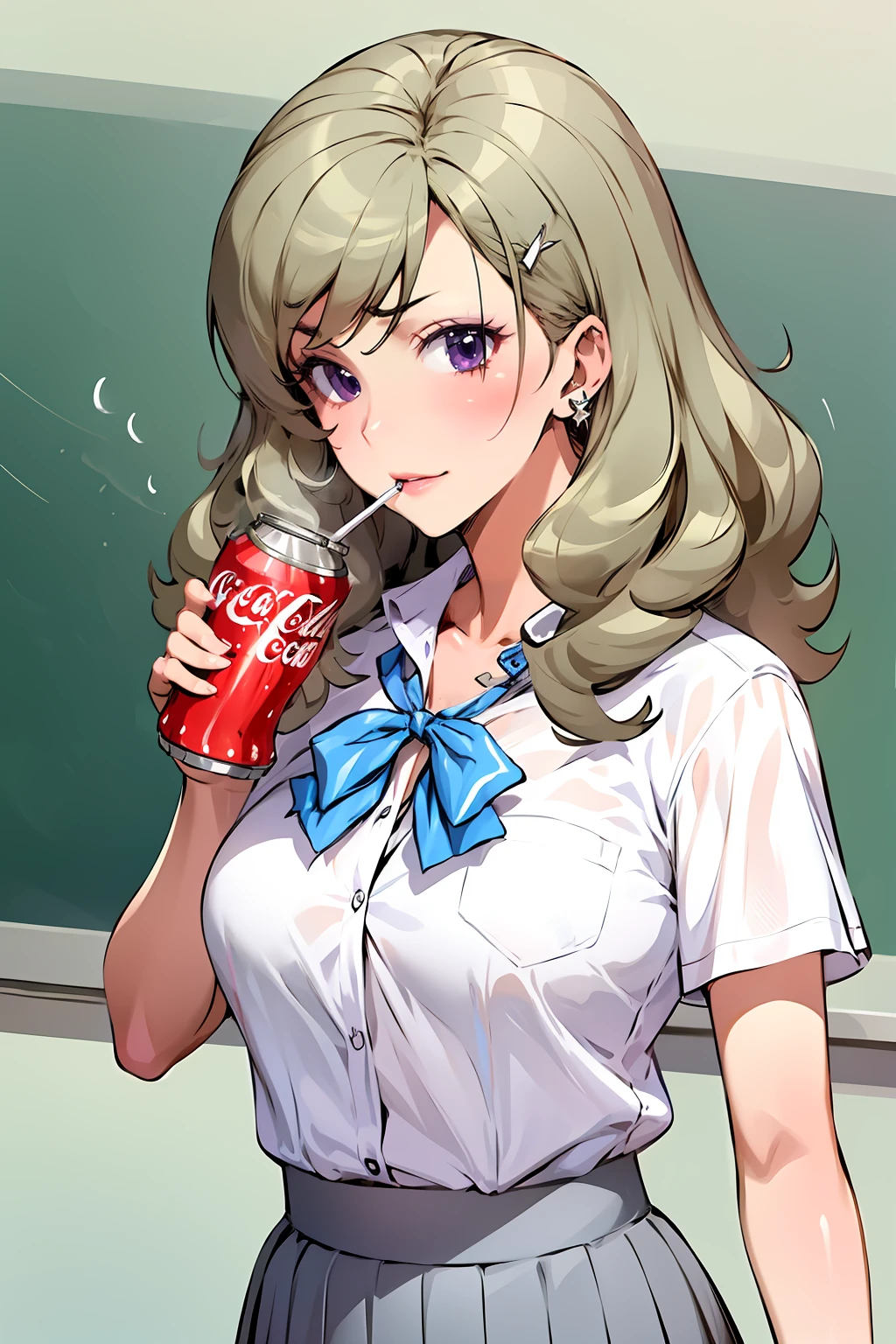 masterpiece, high quality, best quality, bitchko, purple eyes, kogal,  solo, school uniform, white shirt, gray skirt, scrunchie,  <lora:Bitchko1:1> upper body, drinking straw, coca-cola can