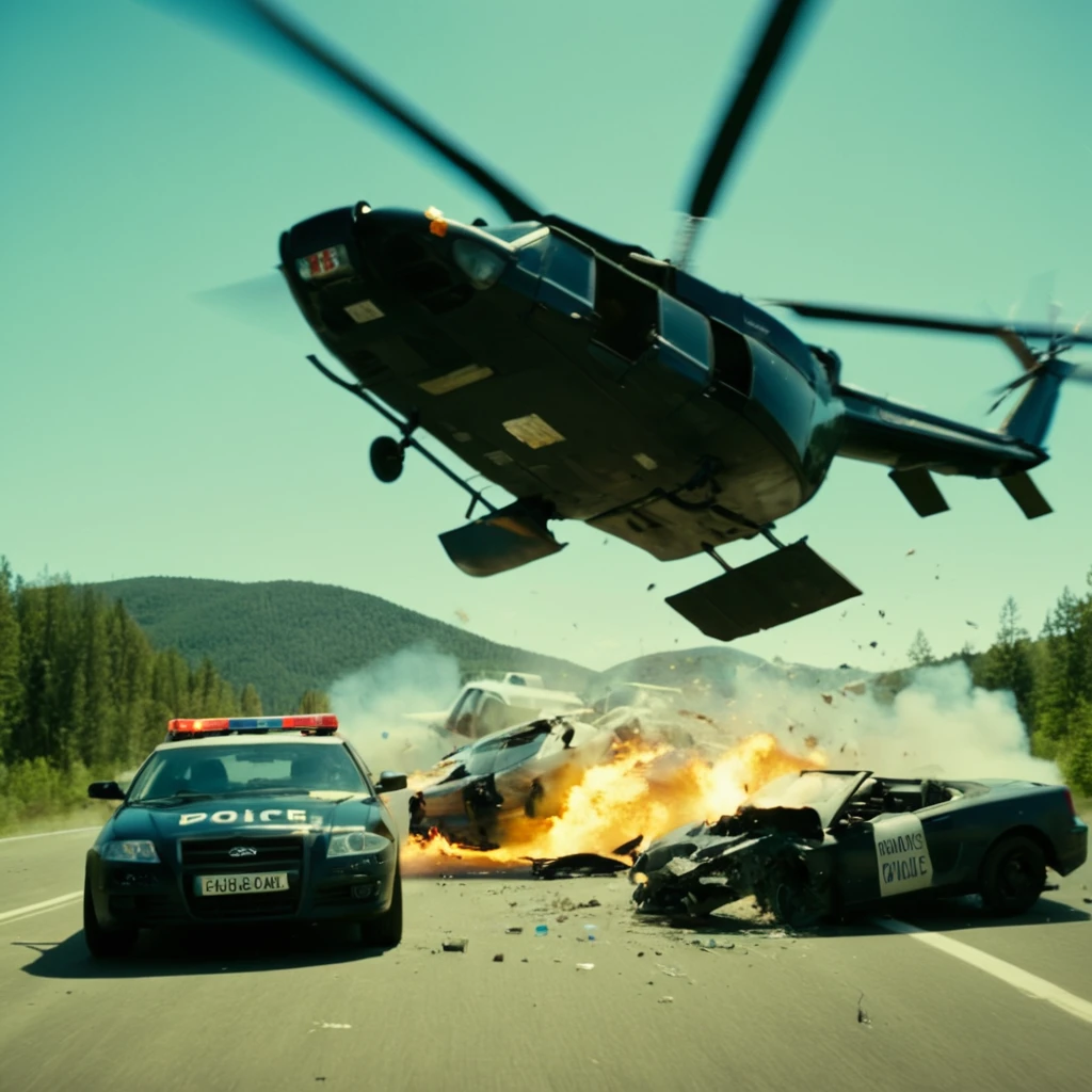 cinematic film still of  <lora:sports car style:1>
 <lora:Unreal Engine style:0.3>
a police car and a helicopter flying over a car,no humans,ground vehicle,motor vehicle,science fiction,motion blur,aircraft,car,vehicle focus,debris,sports car , impact, crash, explosion, destruction, strike, wreck, smash, exploding cars, wrecked cars, cinematic shot, film, different color, real, collision, road rage, sport cars, sports car, car race, dismembering, falling, flying, accident, disaster, cinematic explosion, chaos, disintegration, high speed, vehicle, different sports car, flying debris, Muzzle blast, broken glass, sports car style, shallow depth of field, vignette, highly detailed, high budget, bokeh, cinemascope, moody, epic, gorgeous, film grain, grainy