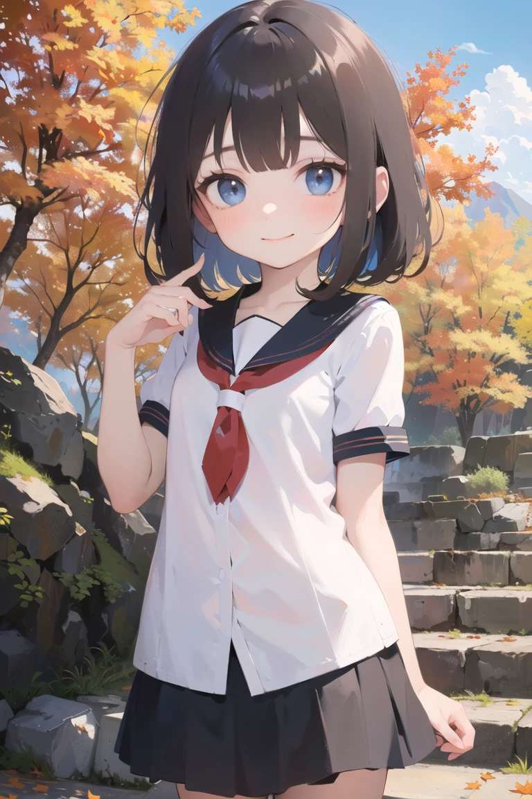 (dynamic angle), fish eye, cowboy shot,
chibi, 1girl, medium breasts, school uniform, porch,
(brown hair, dark blue eyes, blunt bangs), head tilt, (full-face blush), light smile,
((standing at stairs, rock mountain, waterfall)),(Giant trees, leaves that cover the sky),(maple leaves,Autumn leaves, autumn,red mountain,Fallen leaves),
sense of scale and depth<lora:fitgirl_4:-0.5:lbw=INALL>