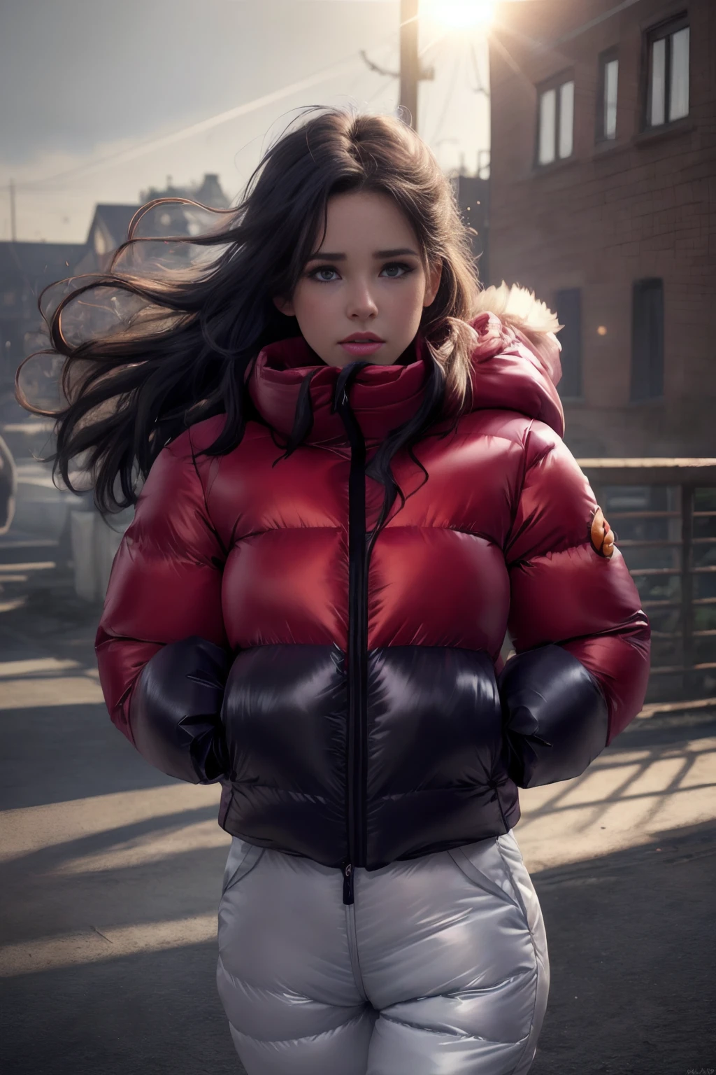 Stunning portrait of an sweet, cute, slim, long haired, young European woman. it is a hot summer day. she wear an shiny, completely enclosureable, (cropped puffer down jacket,by parkasite:1.3), ((very high yoked)). high detail, realistic, realistic character design, inspiring, intense emotion,  masterpiece, 8k, RAW photo, portrait, best quality, ultra high res, photorealistic, cinematic lightning, digital painting, storytelling, high resolution, depth of field, lens flare,   <lora:Parkasite_v2-000010:0.6>  <lora:hairdetailer:0.3>