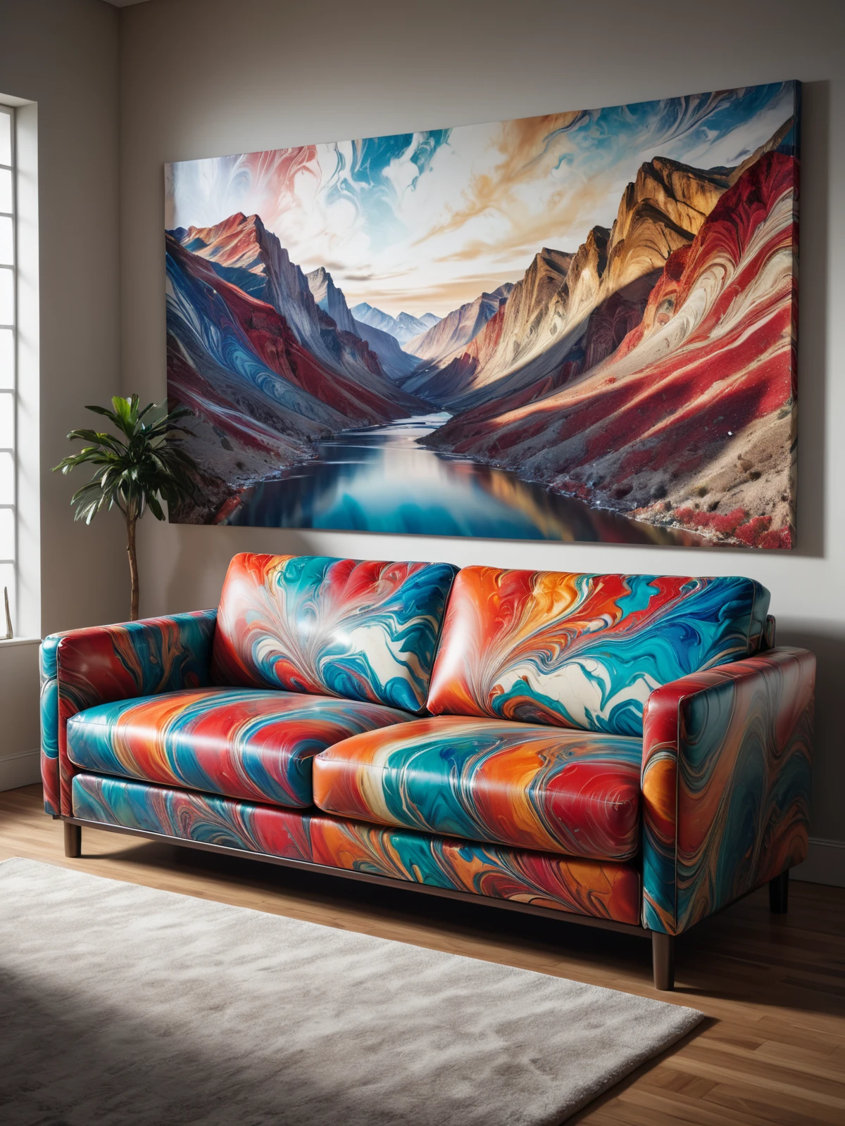 colorful mad-marbled-paper sofa, painting of a landscape, living room, cinematic shot <lora:Colorful_Marbled_Paper_SDXL_v2:0.5>, masterpiece, best quality, ultra high res, (photorealistic, realistic:1.2), deep shadow, raw photo, film grain, Fujifilm XT3, 8k uhd, dslr