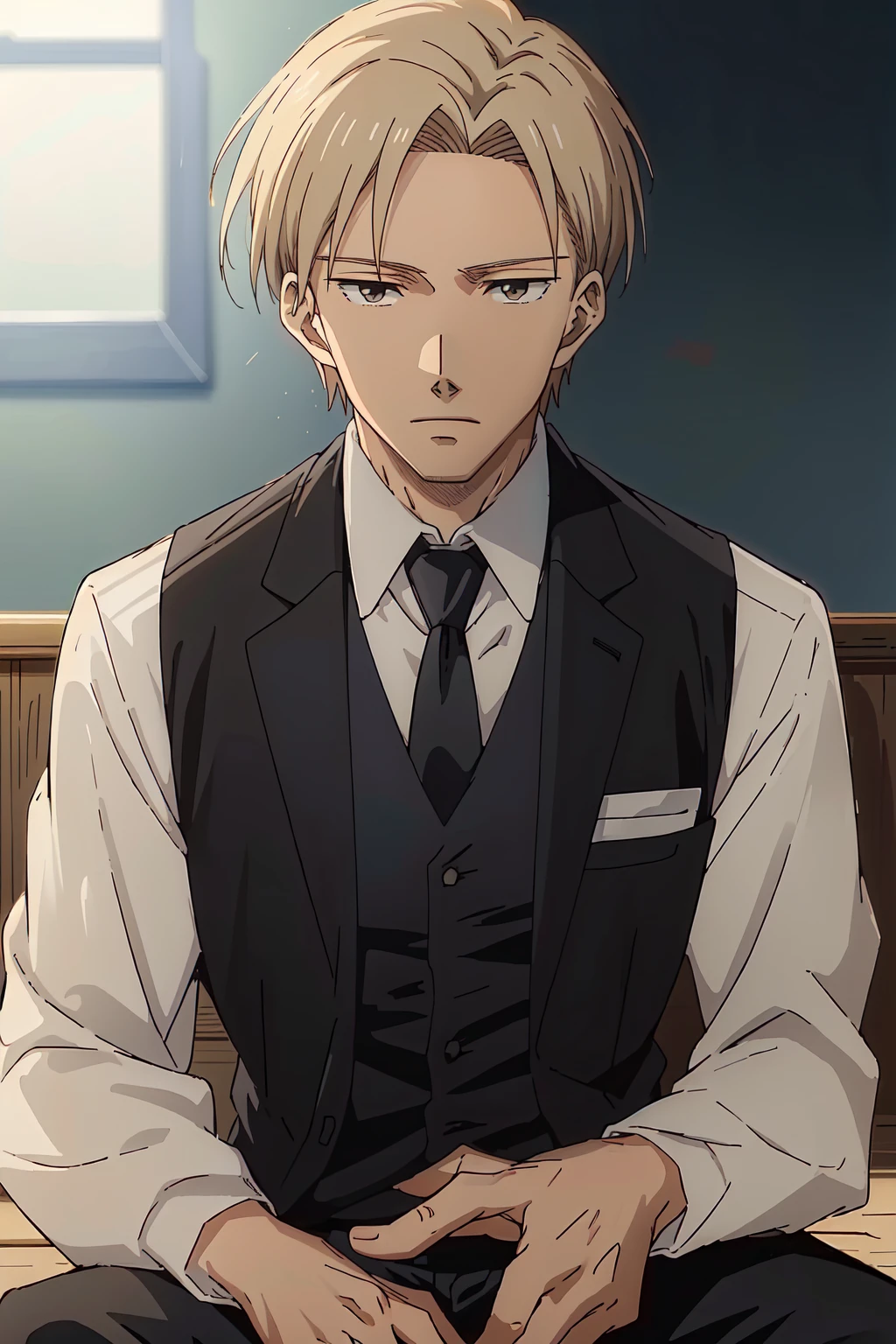 (((masterpiece,best quality,detailed,Anime style))),1boy,solo,Yashiro,(solid_eyes,detailed_eyes,black eyes:1,21),(blonde hair,suit vest,necktie,black pants),<lora:Yashiro_v1:0.8>,front lighting,