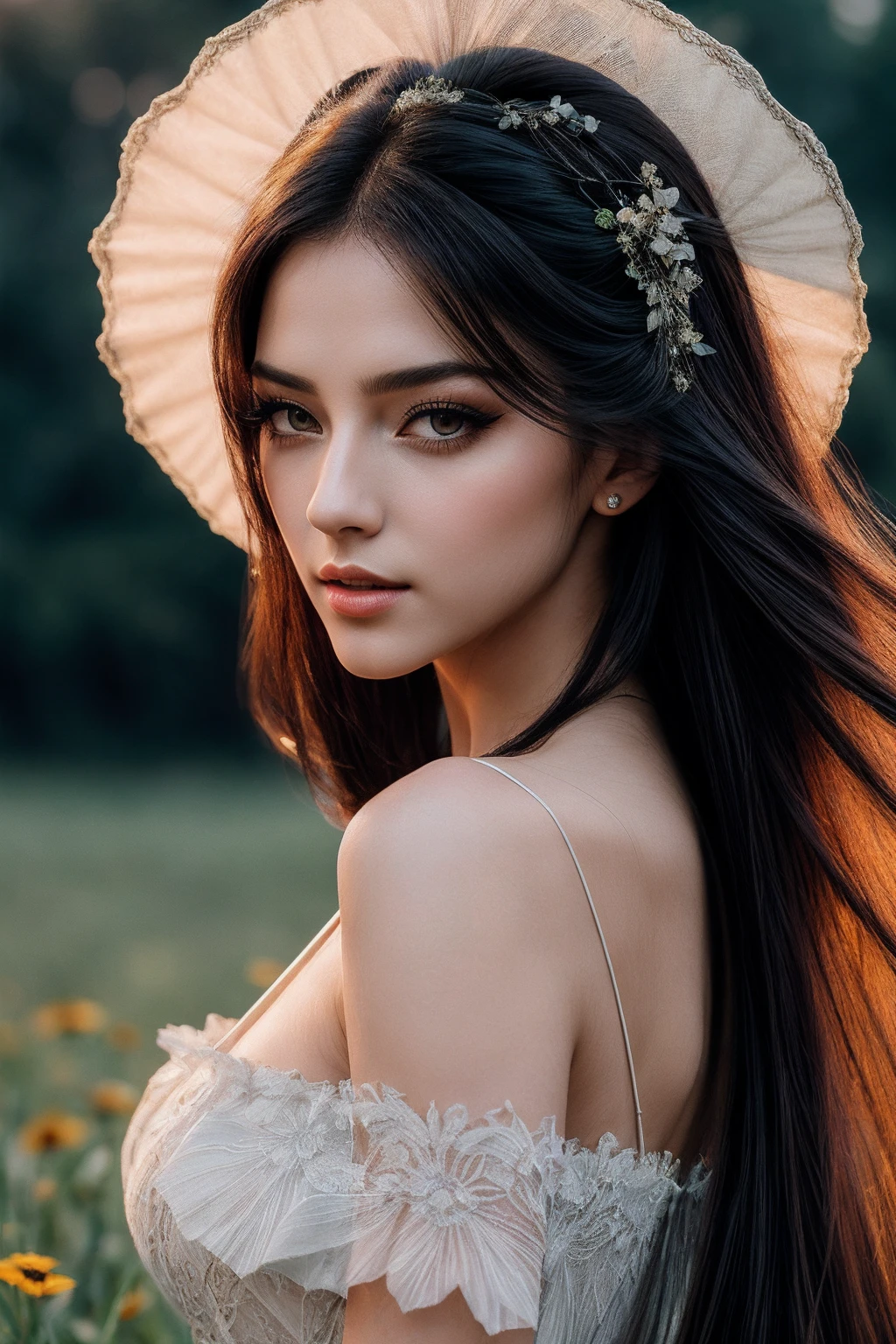 VG01_SoloTI_v1, PA7_Portrait-MCU, (Draped in flowing layers of earth-toned fabrics, accessorized with beaded jewelry and a wide-brimmed hat), (In a sun-drenched meadow, with wildflowers swaying in the breeze and the distant sound of acoustic music carrying through the air:1.3), photorealistic, masterpiece, high quality, artistic, unique, award winning photograph, professional, 8k, RAW photo, best quality,flattering, <lora:add_detail:0.6>,<lora:LowRa:0.2>