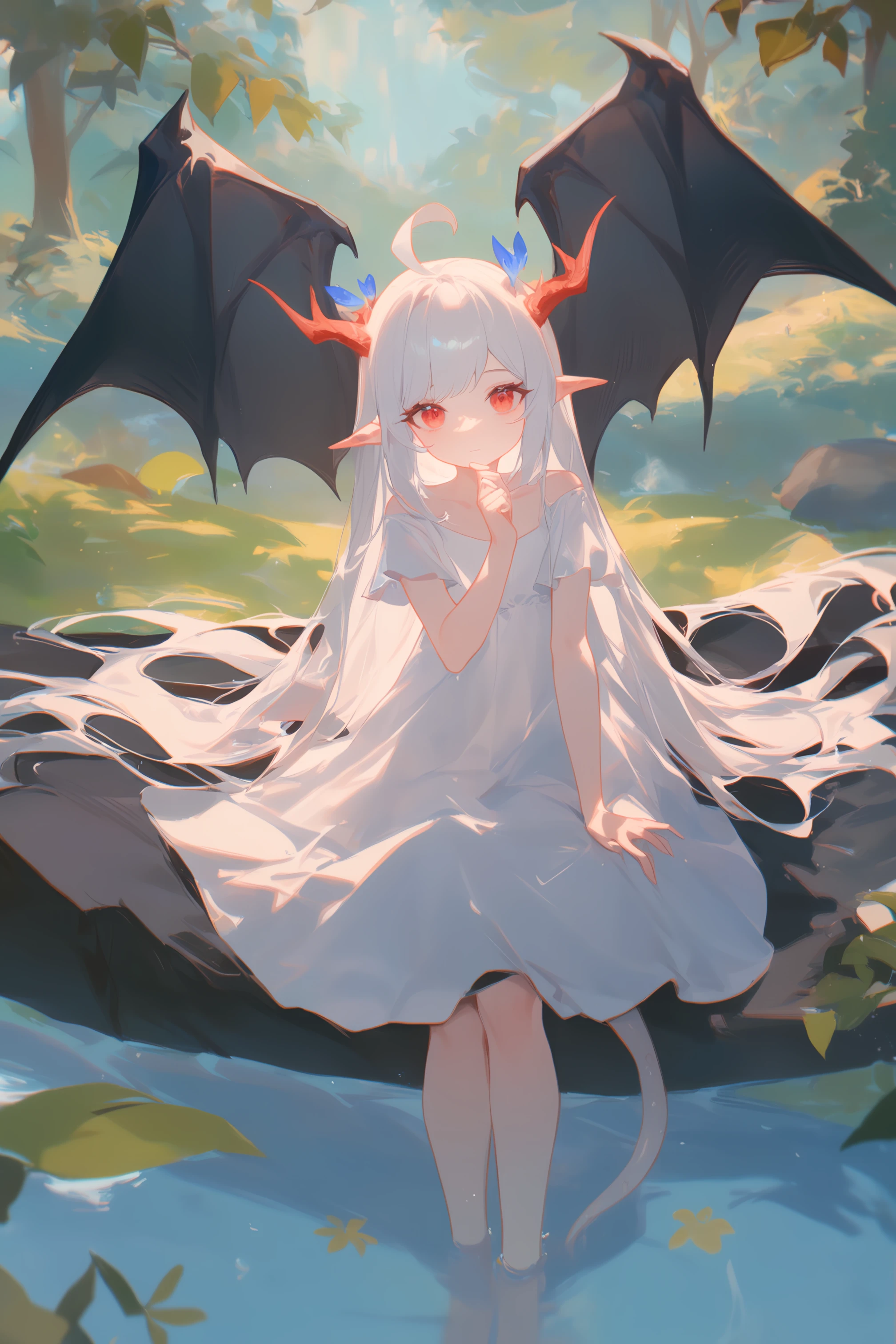 1girl,
ciloranko, maccha \(mochancc\), lobelia \(saclia\), migolu, ask \(askzy\), wanke, (jiu ye sang:1.1), (rumoon:0.9), (mizumi zumi:1.1),
1o1i, solo, dragon girl, dragon tail, dragon wings, dragon horns, white dress, long hair, side up, river, tree, forest, pointy ears, (close-up:0.8), tail, very long hair, dress, horns, wings, sidelocks, water, closed mouth, bare tree, white hair, nature, red eyes, ahoge, short sleeves, white tail, looking at viewer, black wings,
masterpiece, newest, absurdres, safe