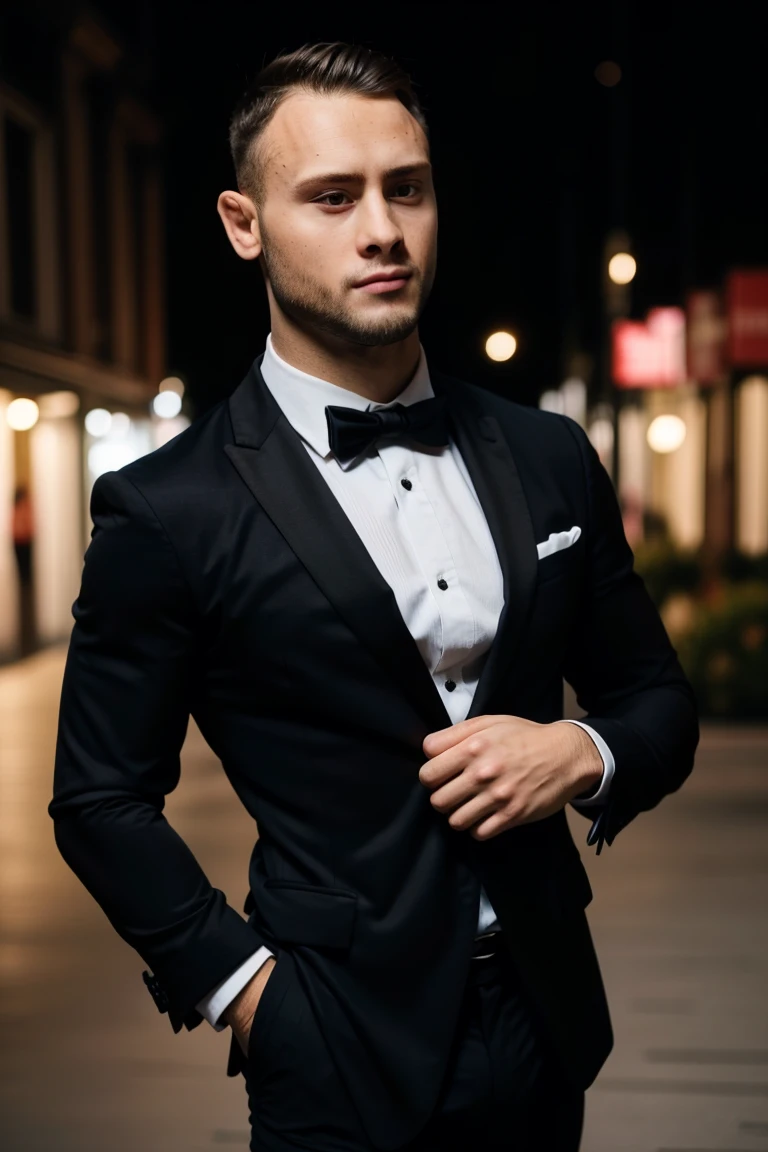 (masterpiece, best quality:1.2), man, serious, beard, solo, muscular, 1guy, (depth of field:1.1), , photo of person, black tie, suit, dress shirt, bowtie, (((medium shot))), hands on pocket, at the city, night, masterpiece, highness, perfect face, perfect picture, detailed eyes, sharp focus, muscular,High detailed view<lora:EMS-343525-EMS:1.000000>