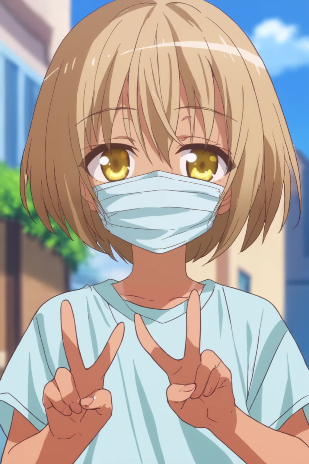 rating_safe, score_8_up, score_7_up, score_6_up, uncensored, anime screencap, flat shadows, flat colors, kaneshiro sora, upper body, perspective, happy, v-hand, medical_mask_tan_line