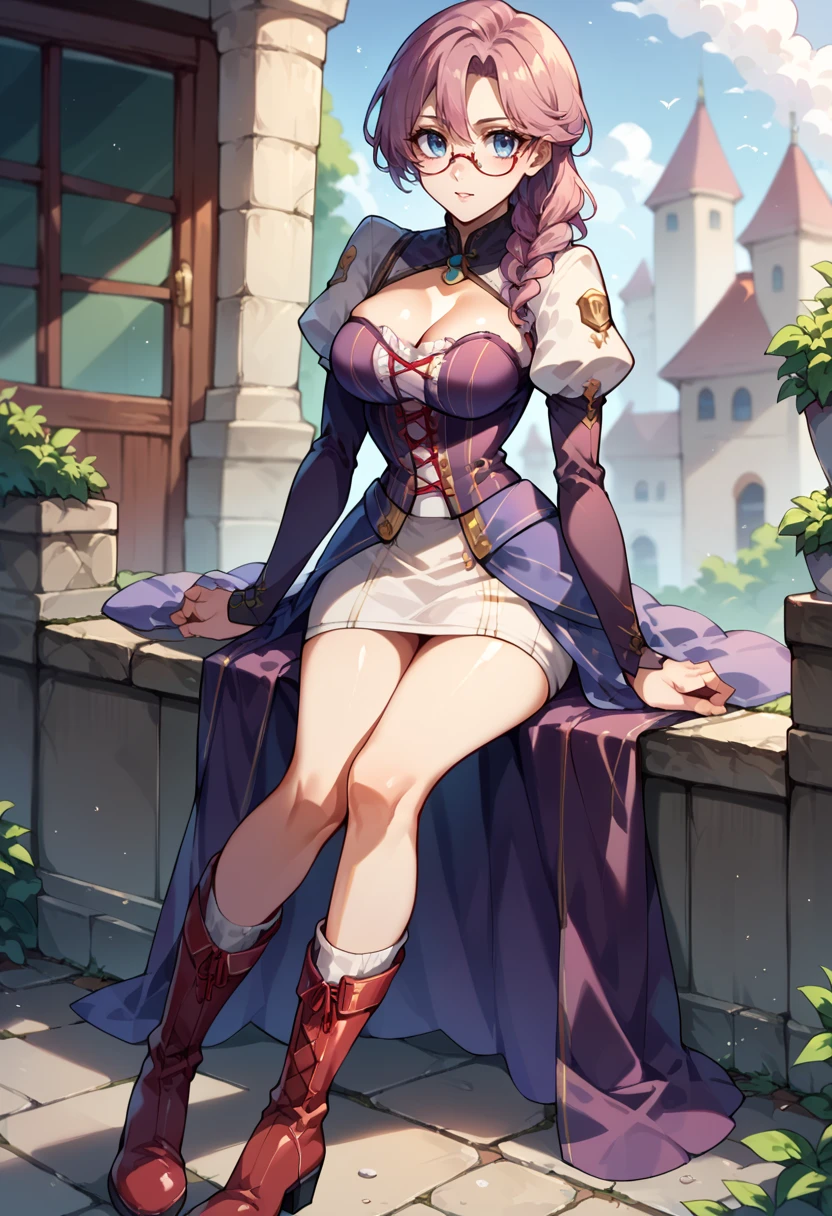 score_9, score_8_up, score_7_up, emmacs2, bare legs, blue eyes, breasts, glasses, long sleeves, purple corset dress, red laces, white under skirt,  <lora:emma-rebake3:0.9>, knee boots, white juliet sleeves