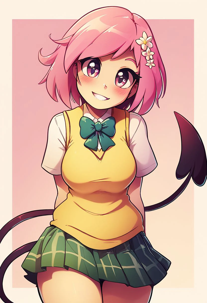 high resolution, score_9, score_8_up, score_8, medium breasts, cute, eyelashes , tlrmomo, pink hair, hair flower, green bowtie, yellow sweater vest, white shirt, short sleeves, demon tail, standing, head tilt, curvy, smile, blush, cowboy shot, looking at viewer