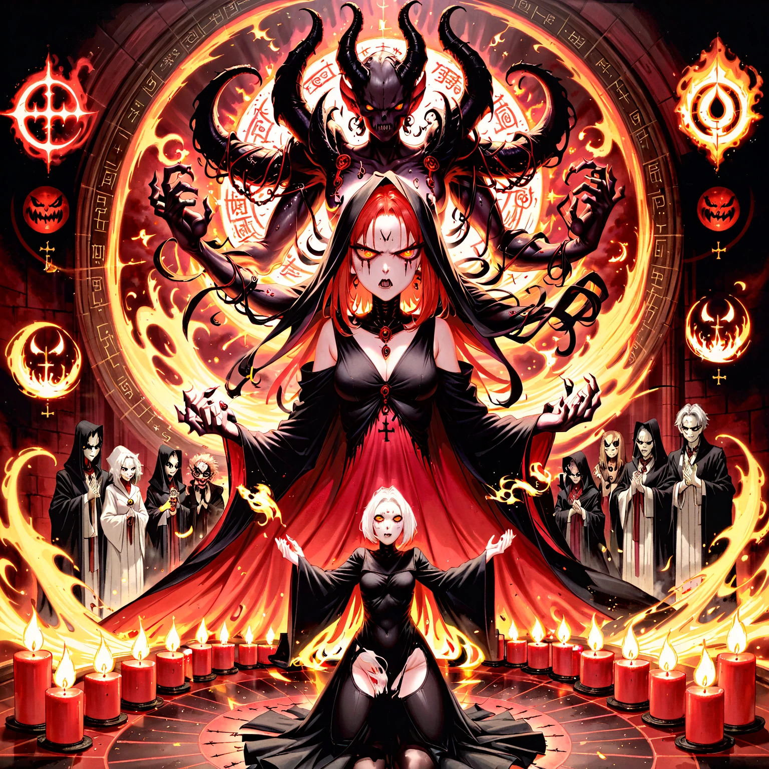 a woman in a black robe summoning a demon at an altar, requiemcom, many others, fire, black magic, evil, demon, monster,