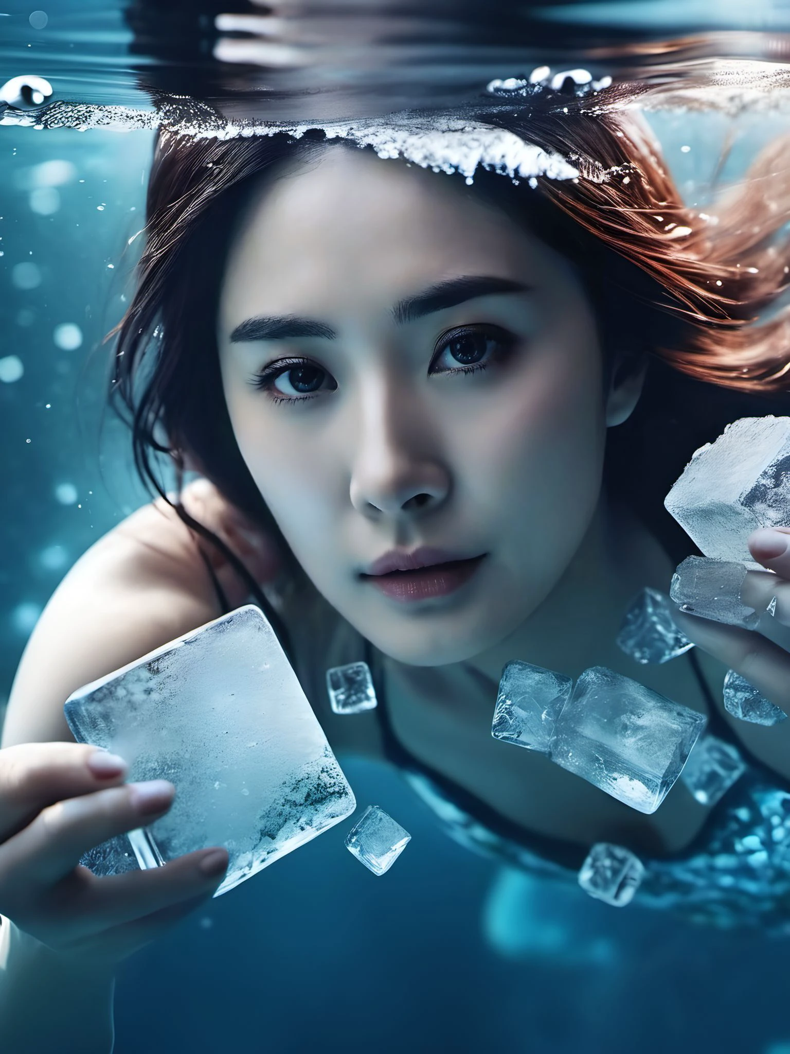 yangmi ,cool, artstation,photo realistic,beautiful,  female, ice eyes, underwater atmosphere, 4k, 8k <lora:yangmi_XLB_1-000009:0.6>