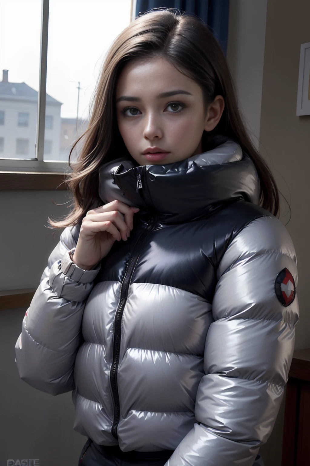 Stunning portrait of an sweet, cute, slim, long haired, young European woman. it is a hot summer day. she wear an shiny, colorful, completely enclosureable, (cropped puffer down jacket,by parkasite:1.3), ((very high yoked)). tempting, high detail, realistic, realistic character design, inspiring, intense emotion,  masterpiece, 8k, RAW photo, portrait, best quality, ultra high res, photorealistic, cinematic lightning, digital painting, storytelling, high resolution, depth of field, lens flare,   <lora:Parkasite_v2-000010:0.6>  <lora:hairdetailer:0.3>