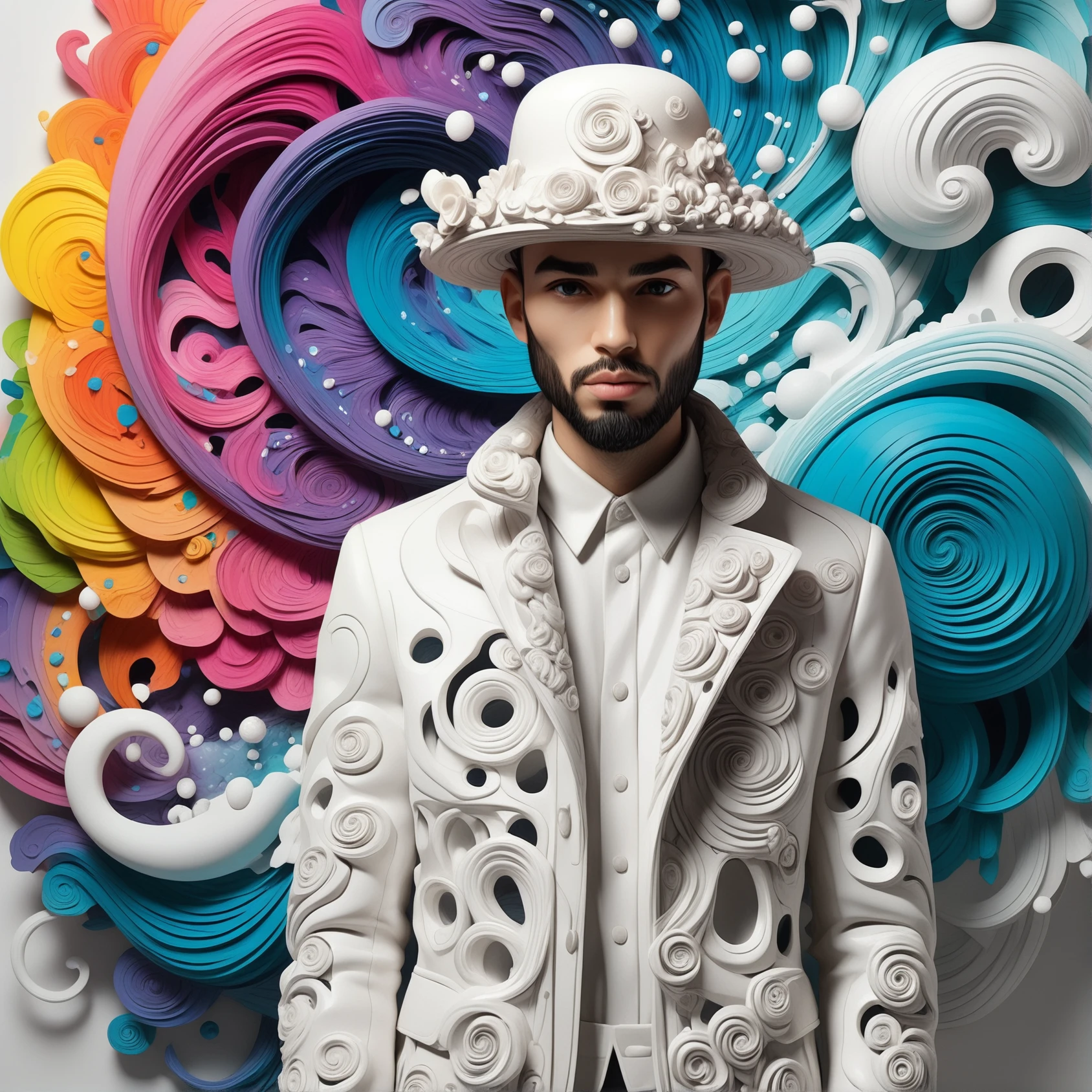 Psychedelic style, Daniel Arsham. Whole outfit, clear, sharp, balanced, Vibrant colors, swirling patterns, abstract forms, surreal, trippy