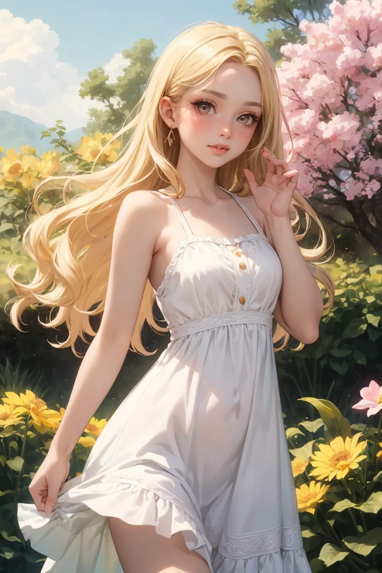(masterpiece, best quality:1.3), (official art, beautiful and aesthetic:1.2), (full shot:1.2), a beautiful young woman, 20 years old, (fit body, triangle shaped face), hazel eyes, full lips, high cheekbones), (blonde long hair:1.2), pale skin, blush, medium breasts, (wearing cute sundress), standing, dynamic pose, spring flower garden background