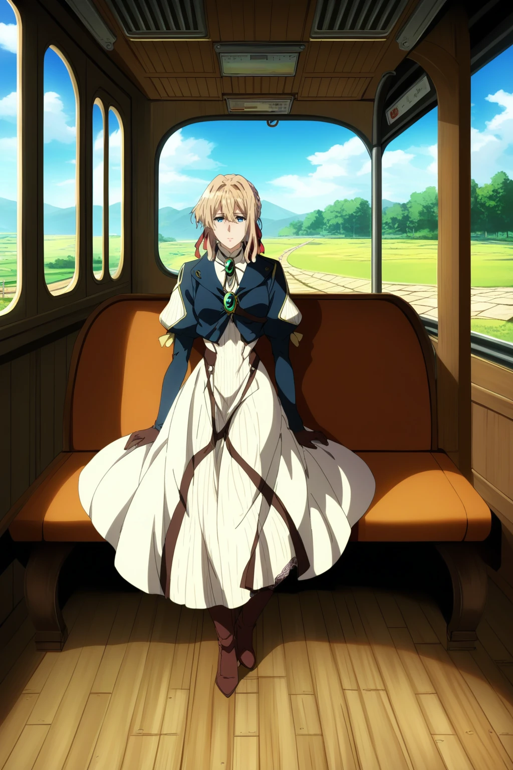 ,score_9, score_8_up, (score_7_up), source_anime,anime coloring,anime,(anime screencap),,zPDXL,
,detailed background,, bridges,, outdoors,, stone floor, , day, train interior, sitting, looking at another, the Victorian era, medieval, Wooden interior, wooden floor, wooden wall, wooden bench, 
 F: ,blue jacket, brown gloves, cropped jacket, dress, gloves, green brooch, jacket, juliet sleeves, long sleeves, puffy sleeves,,,white dress, knee dress, medium dress, 
,knee boots, lace up boots, brown footwear,  high heel boots,,(white thighhighs), (lace),, (white garter belt),
,, violetevergarden,violet evergarden, blonde hair, blue eyes, hair ribbon, ribbon, short hair, braids, hair braids, red ribbon, mature female, 1girl, , full body, 
, <lora:Violet_Evergarden_PonyXL_v1:0.8>