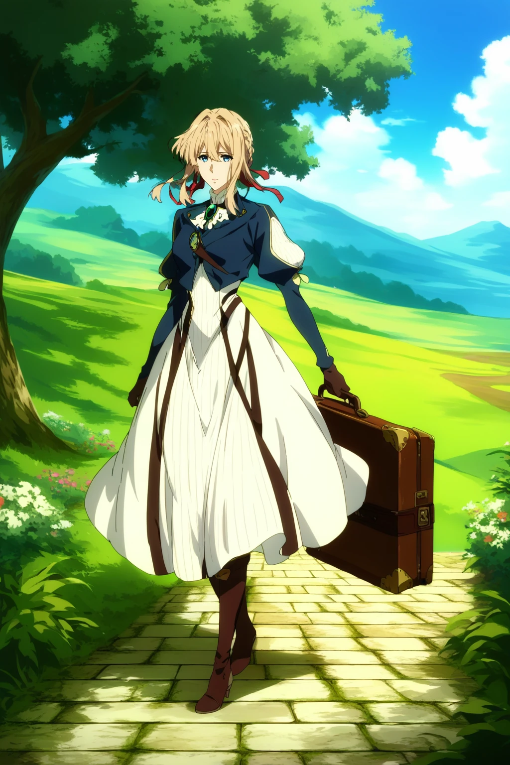 ,score_9, score_8_up, (score_7_up), source_anime,anime coloring,anime,(anime screencap),,zPDXL,
,detailed background,, bridges,, outdoors,, stone floor, walking, (holding suitcase),, day, holding, 
 F: ,blue jacket, brown gloves, cropped jacket, dress, gloves, green brooch, jacket, juliet sleeves, long sleeves, puffy sleeves,,,white dress, 
,knee boots, lace up boots, brown footwear,  high heel boots,,
,, violetevergarden,violet evergarden, blonde hair, blue eyes, hair ribbon, ribbon, short hair, braids, hair braids, red ribbon, mature female, 1girl, looking at viewer, full body, 
, <lora:Violet_Evergarden_PonyXL_v1:0.8>