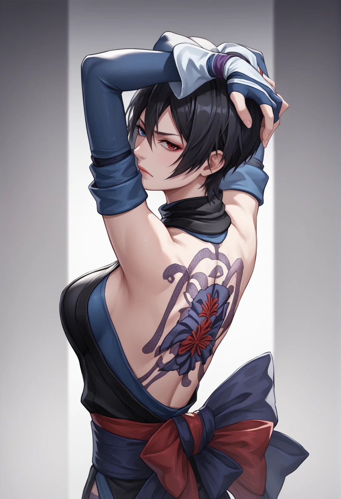 1girl, short hair, black hair, heterochromia, blue eyes, red eyes, body markings, japanese clothes, ninja, sash, bare shoulders, partially fingerless gloves, elbow gloves, ribbon, boots, sideboob, tattoo, leg tattoo, back tattoo, arms up, from behind, head tilt, cowboy shot, serious, upper body, from side, looking at viewer  <lora:Shiki_SS:1>, score_9, score_8_up, score_7_up, score_6_up, score_5_up, score_4_up, BREAK source_anime, masterpiece