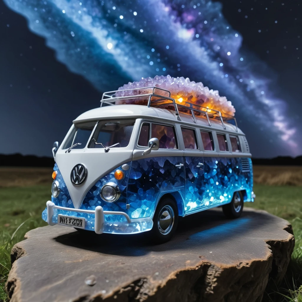 mdgd crystal geode VW camper in a field at night, lit by blue lights<lora:crystal-geode:1>